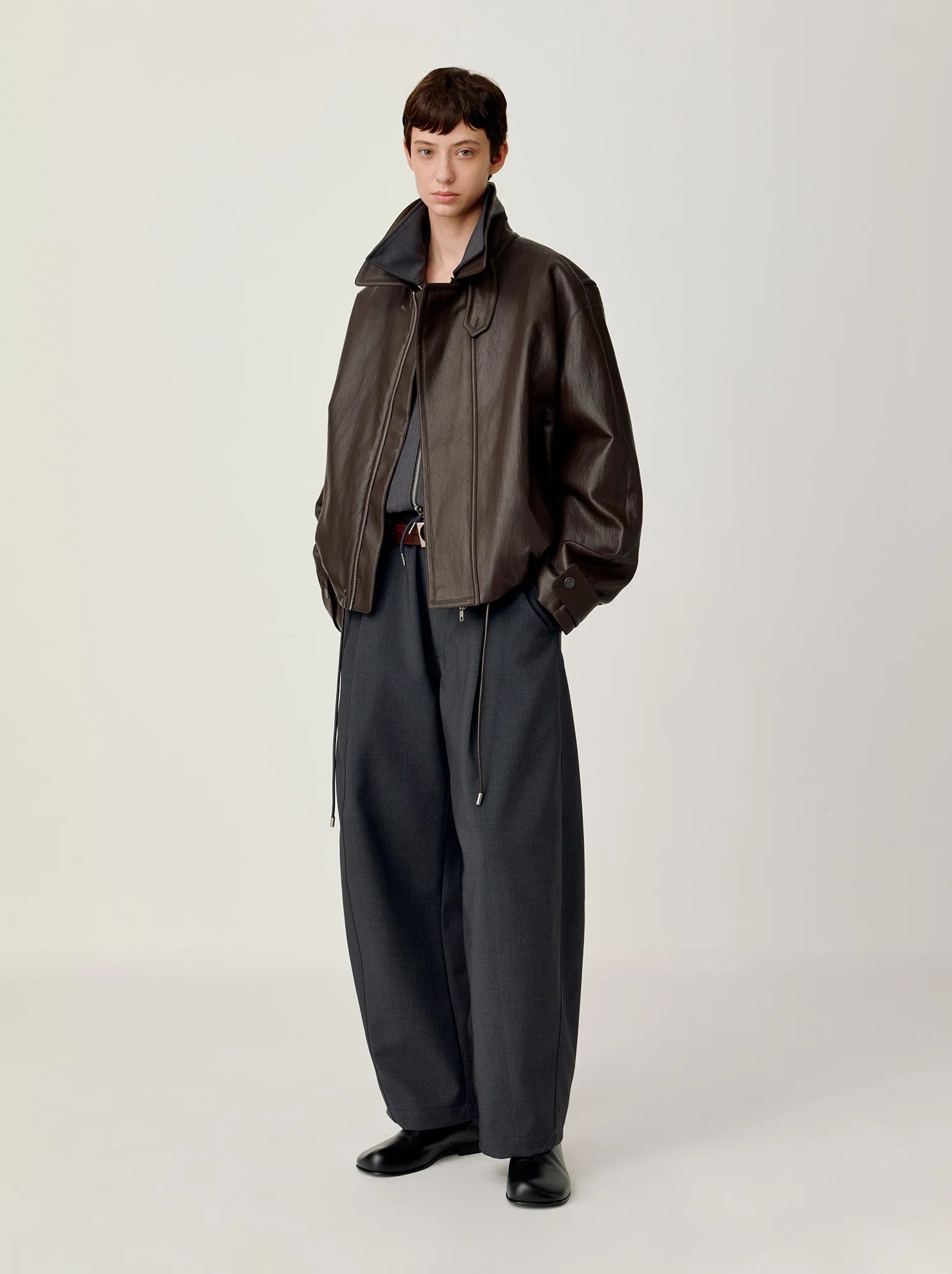 OPICLOTH Soft-Tanned Drawstring Faux Leather Jacket