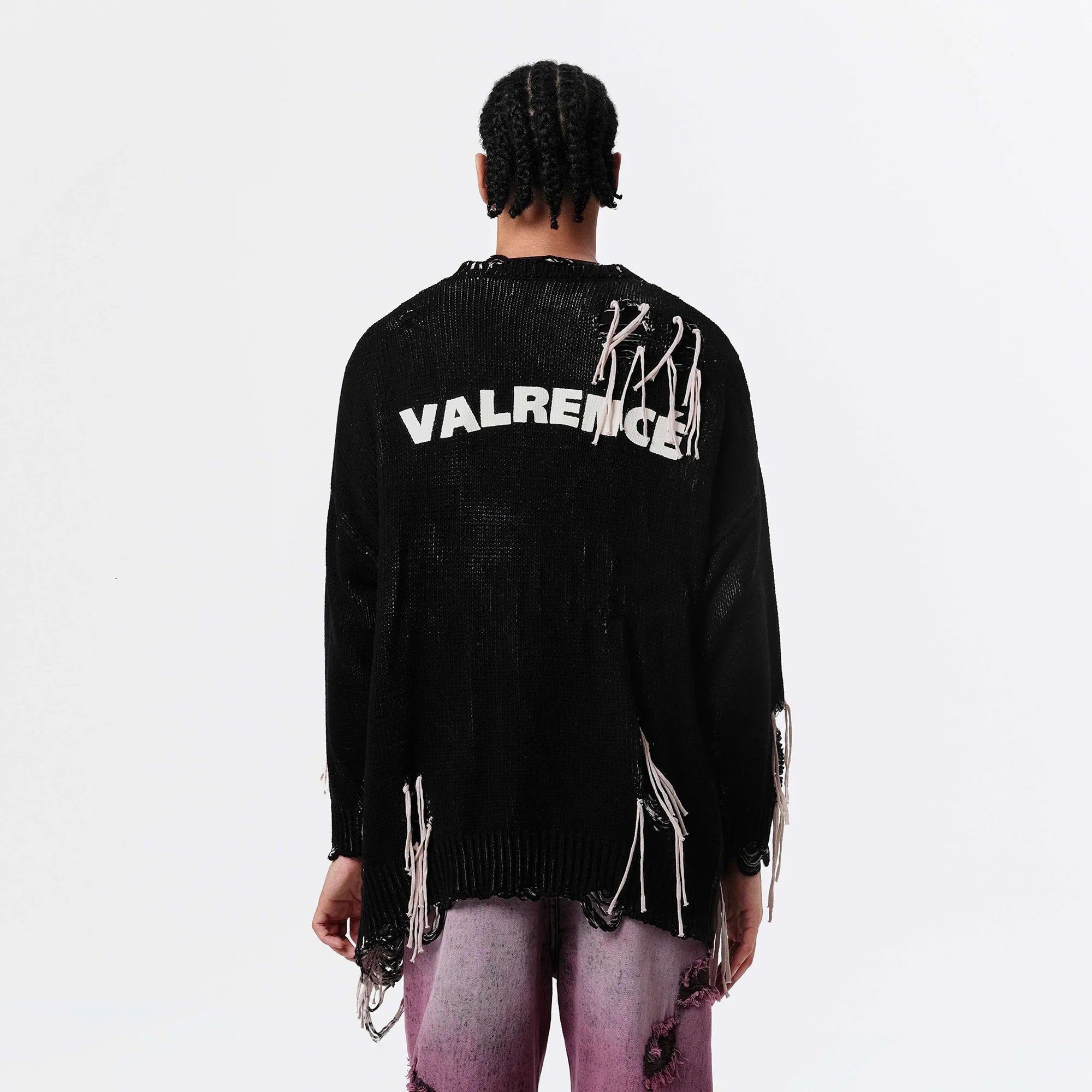 VANN VALRENCE Distressed Frayed Spray V-Neck Cardigan