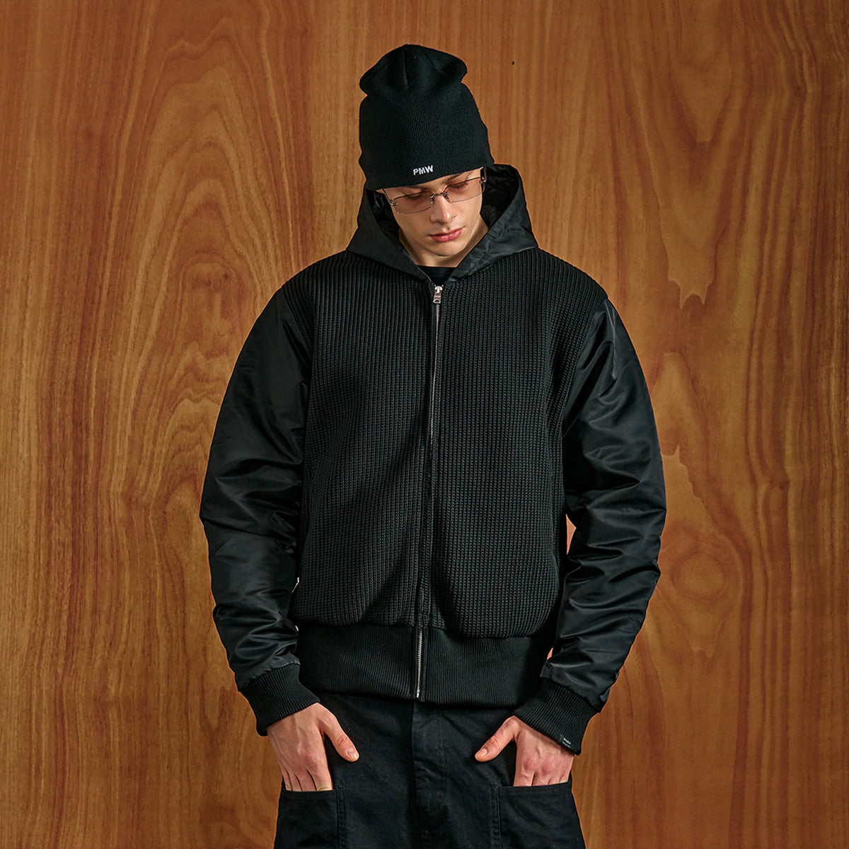 PMW Knitted Panel Ruched-Sleeve Hooded Jacket