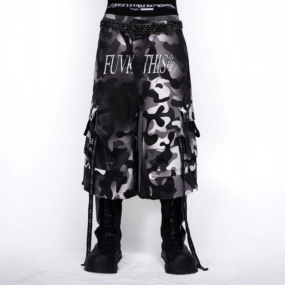 FVVO Distressed Rivet Strap Cargo Shorts Camo