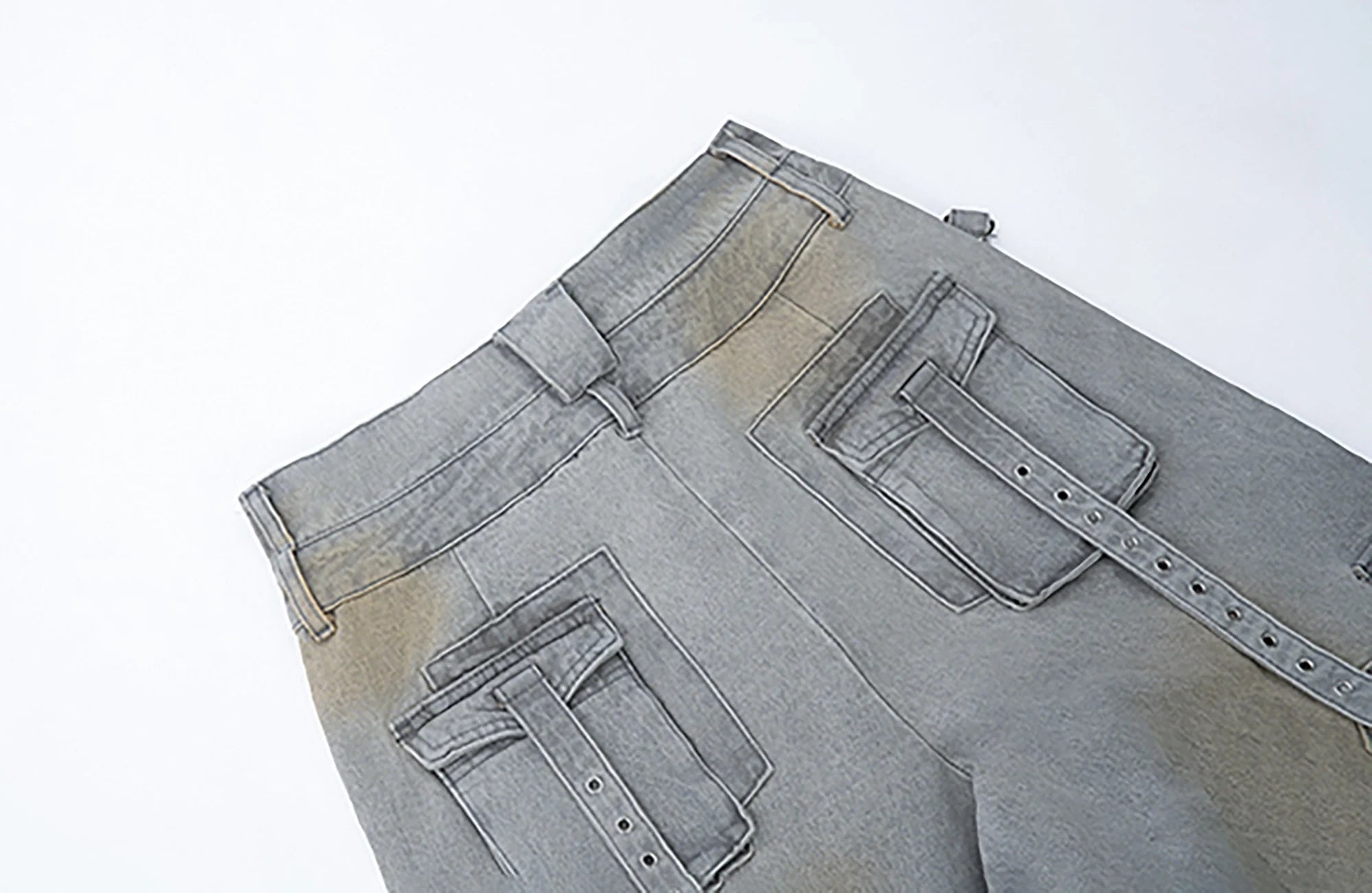 MOGONGSHE Detachable Bleach Washed Utility Cargo Jeans
