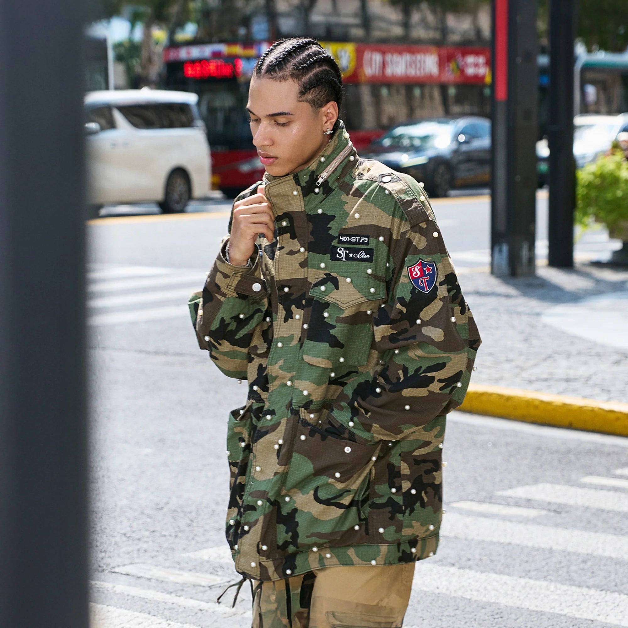 STEEPC Camo Pearl-Studded Patch Utility Jacket
