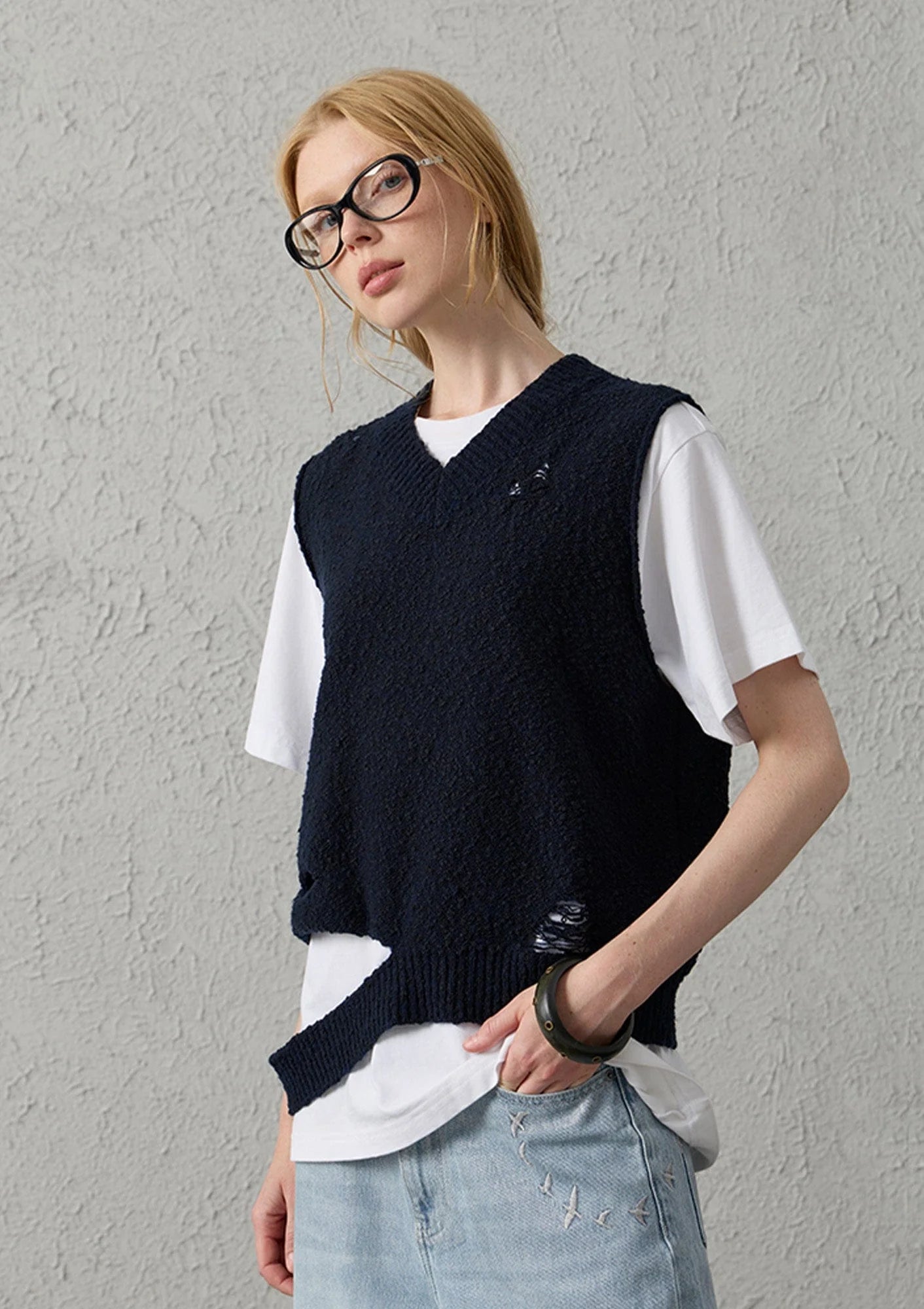 ORGANIC EMOTION Asymmetrical Distressed Bubble-Knit Vest