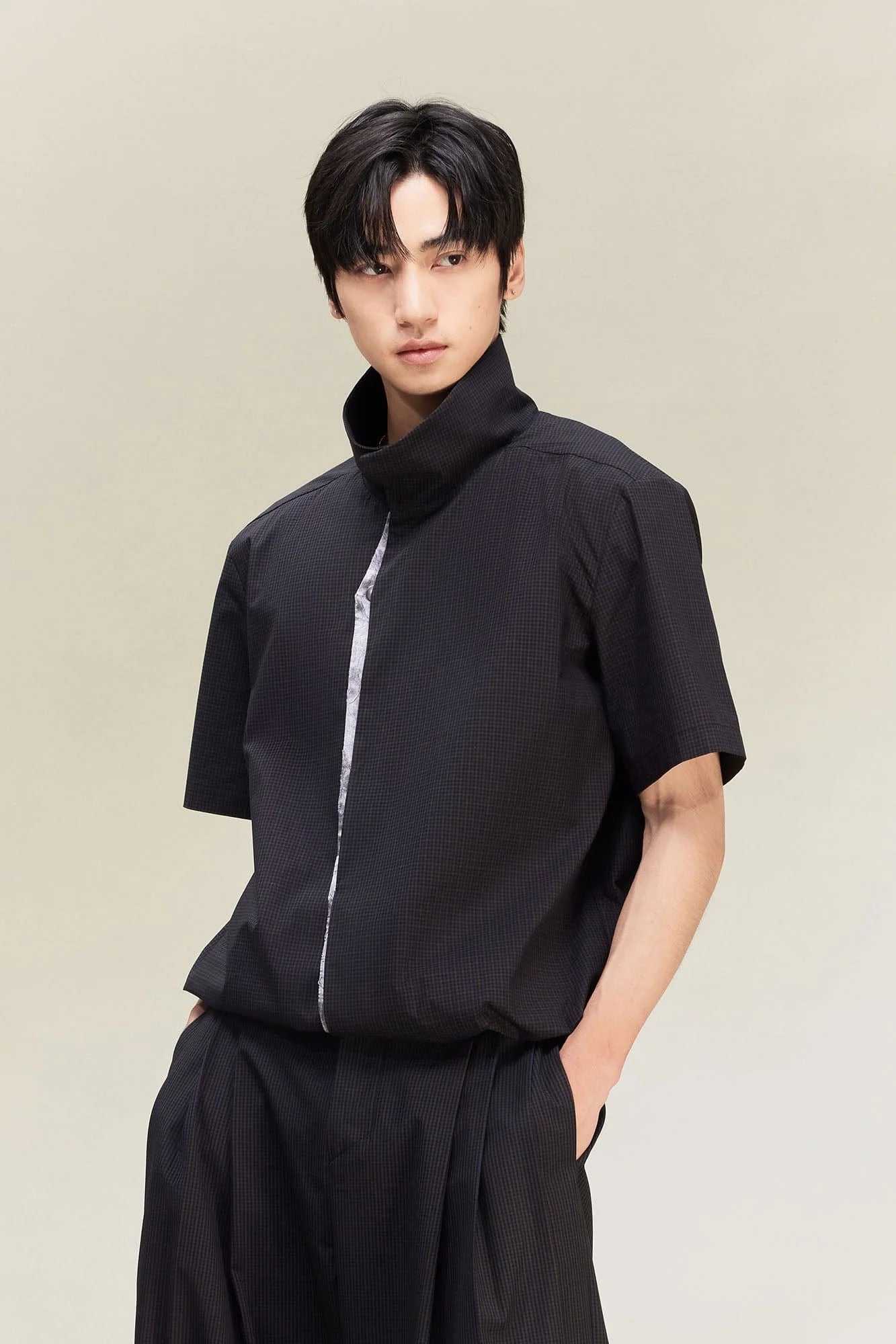 ALVNG AR ANTS Asymmetrical Snap Placket Mini Check Half Shirt