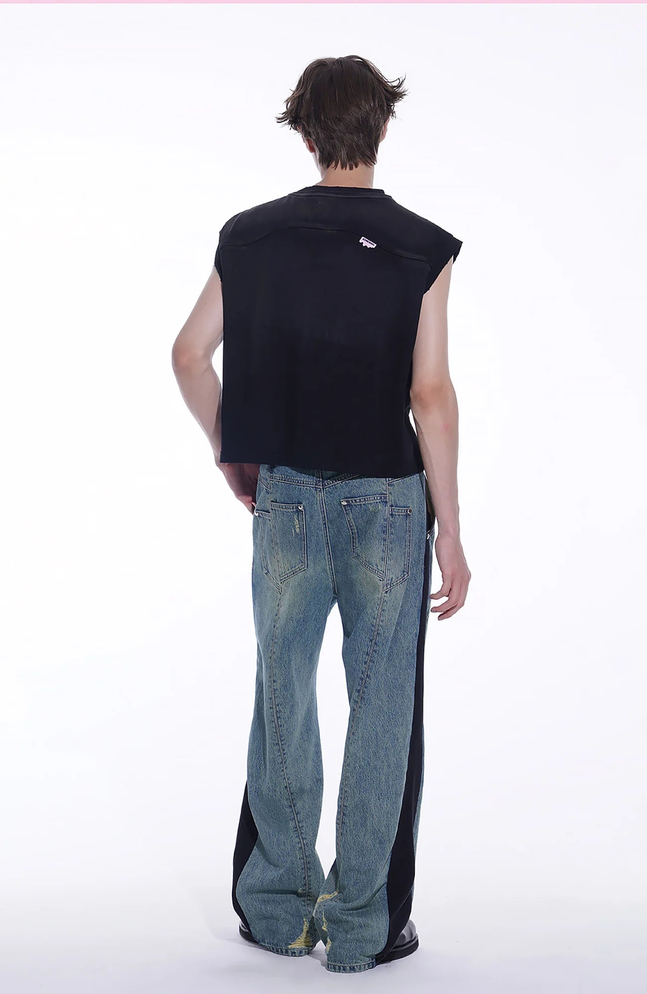 TIWILLTANG Distressed Contrast Paneled Wide-Leg Jeans
