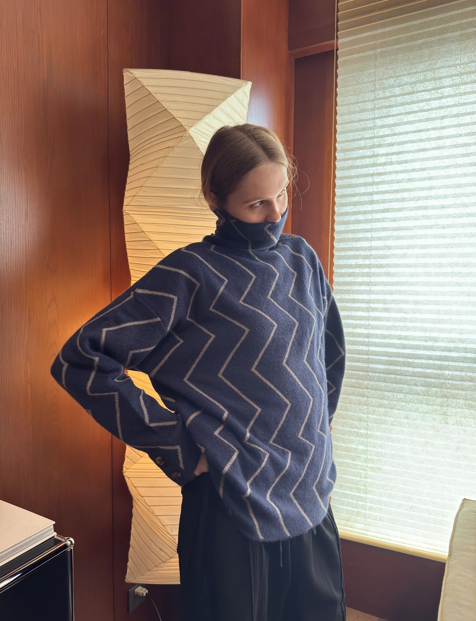 MIICHOUS Geometric Ripple Jacquard Asym High-Neck Sweater