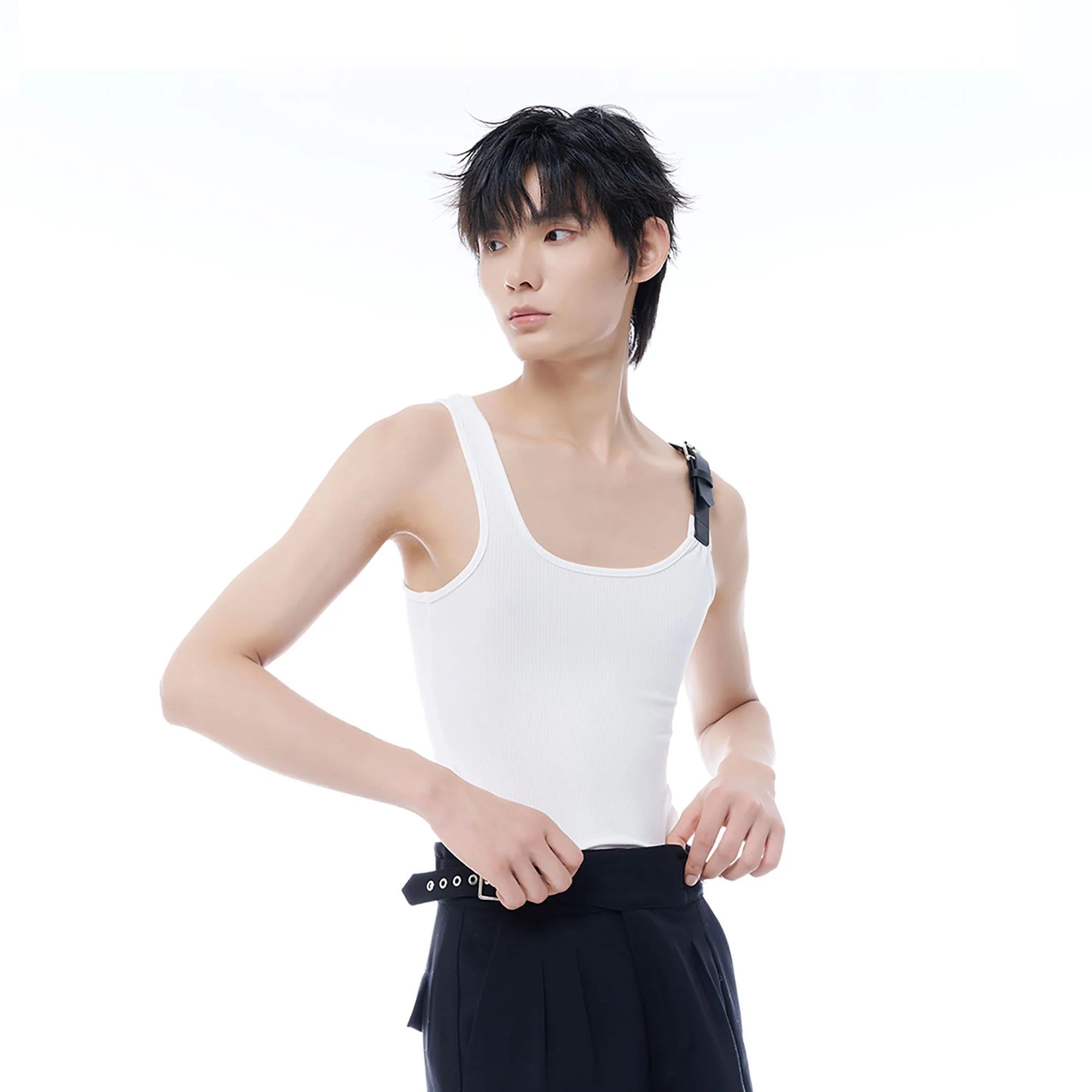 TUIMU Buckle Strap Ribbed Tank Top