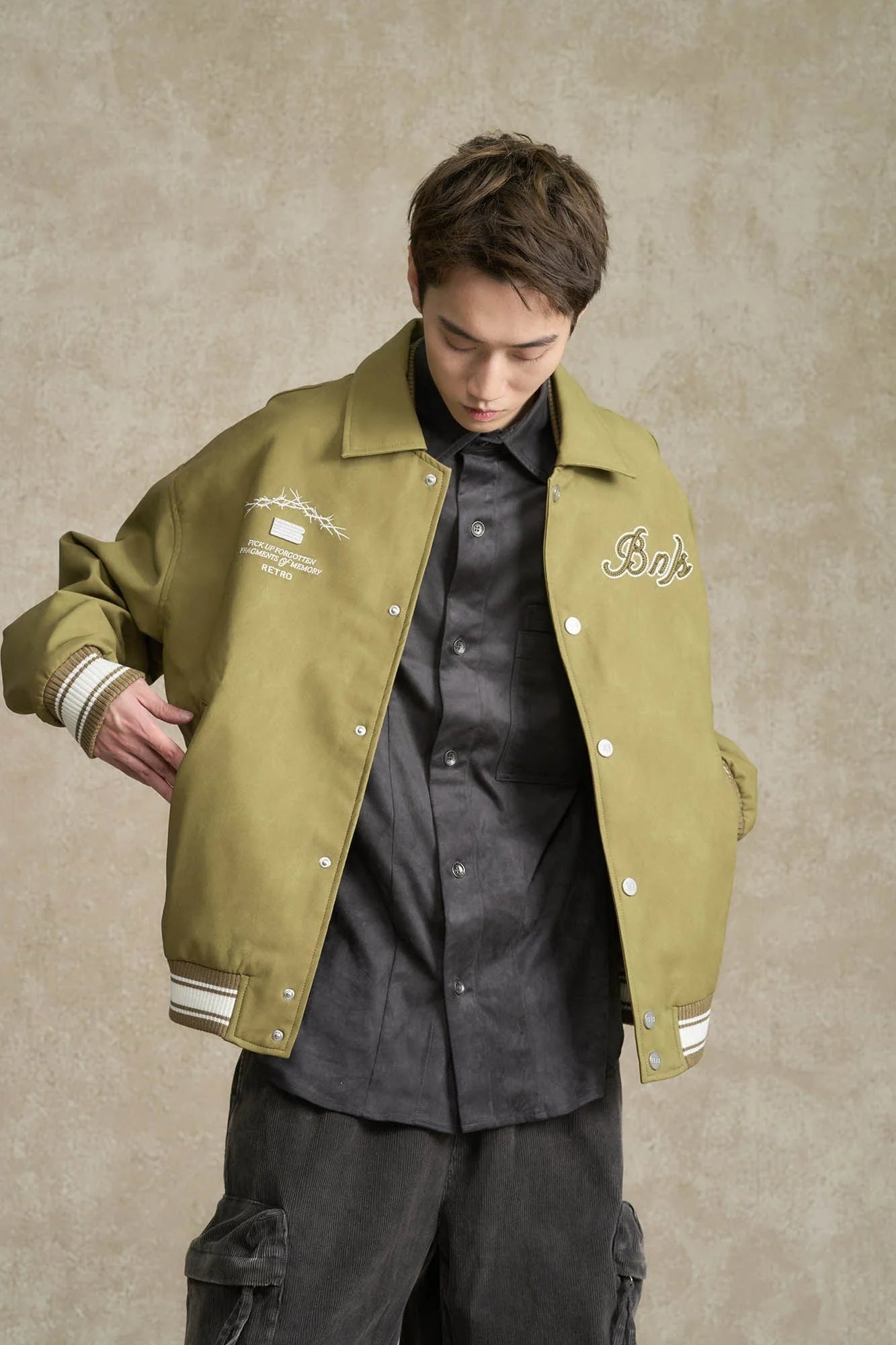 BONELESS Embroidered Logo PU Varsity Jacket