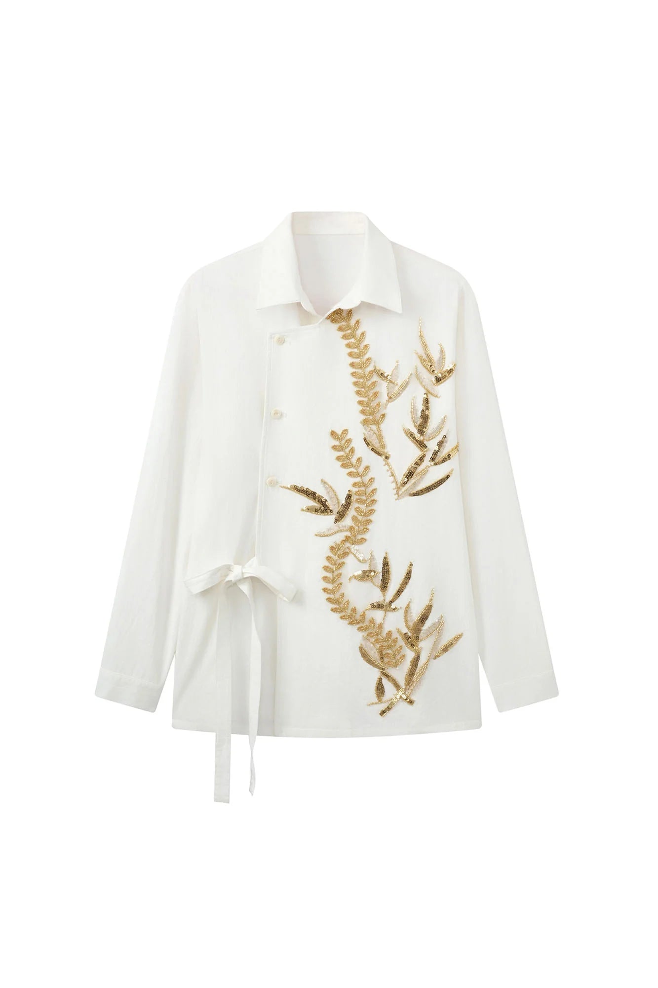 JIECHI Sequin Leaf Embroidered Asymmetrical Wrap Shirt