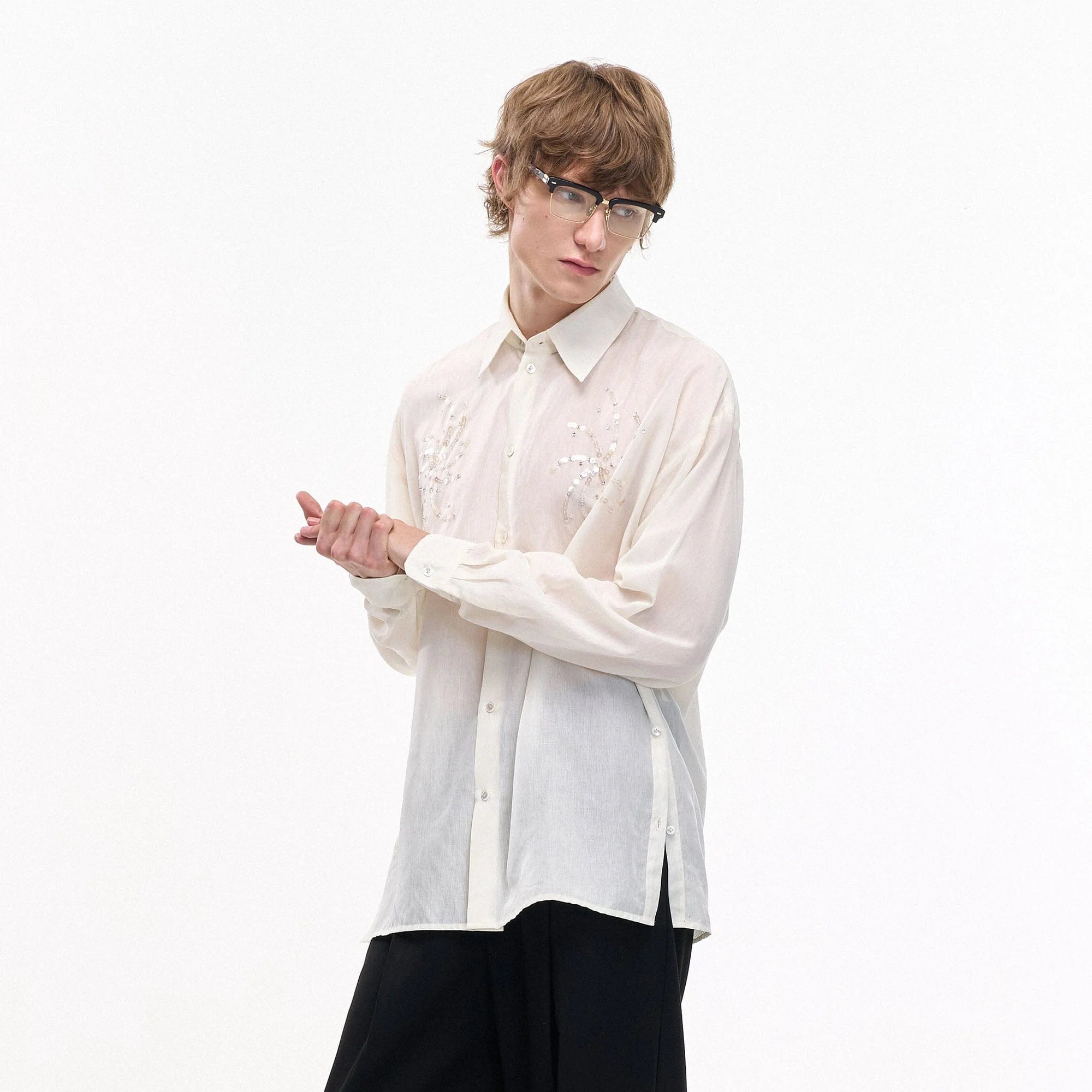 LEONSENSE Firework Embroidered Sequin Sheer Tencel Shirt