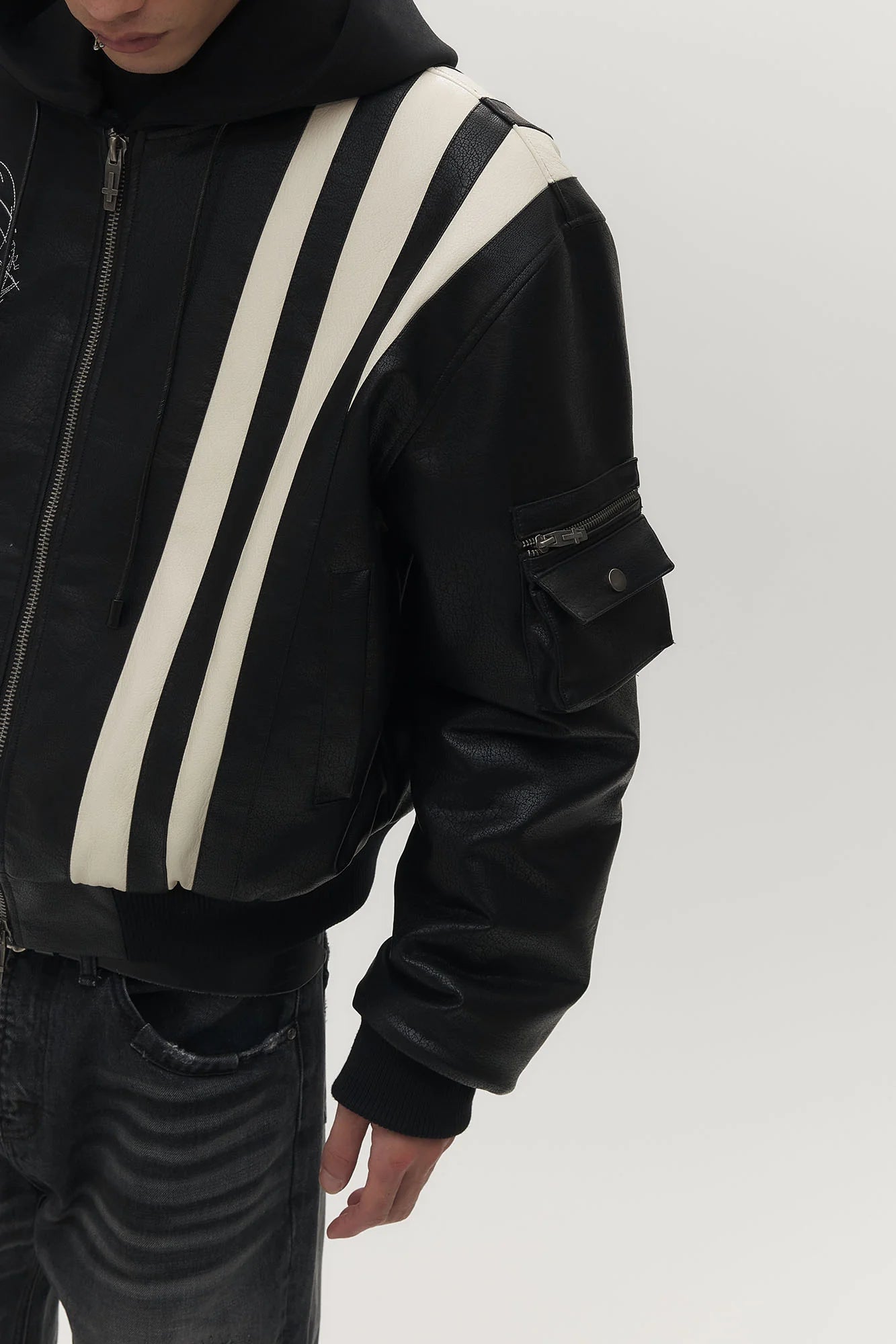 SAVAGEGROWTHWORLD Striped Faux Leather Padded Bomber Jacket