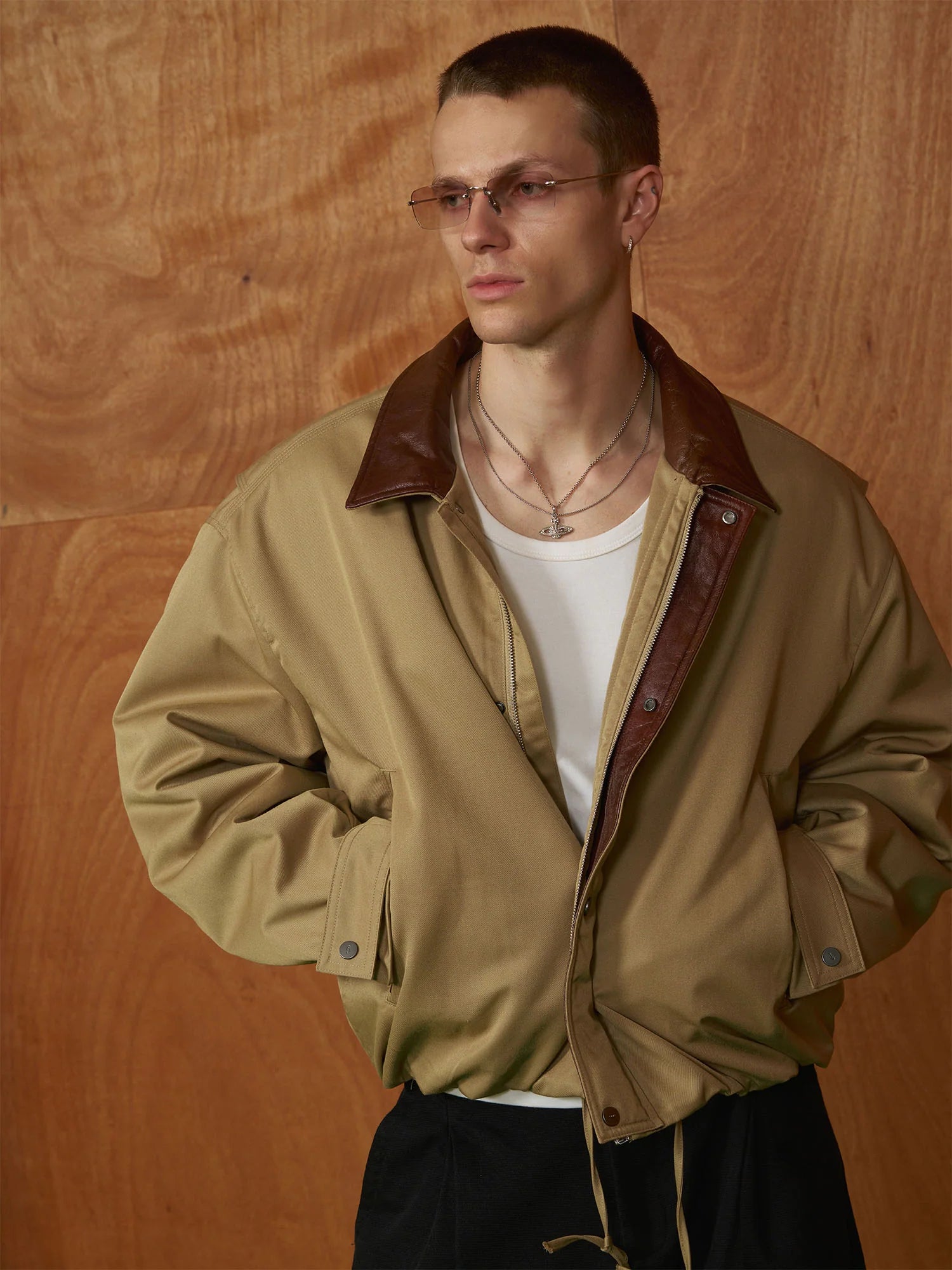 PMW Contrast Leather Collar Bomber Jacket