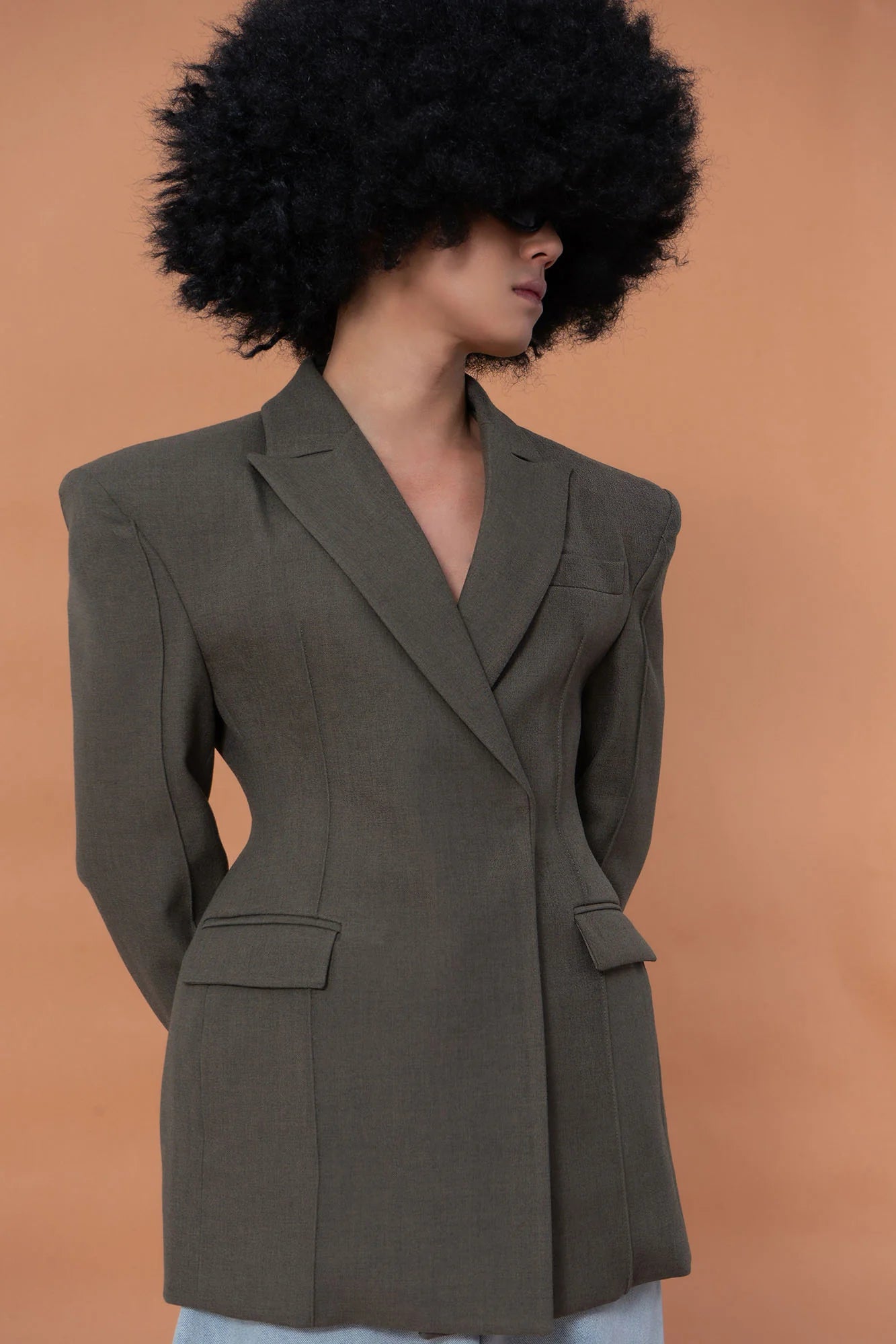 CLP Cinched-Waist Padded Shoulder Blazer Brown