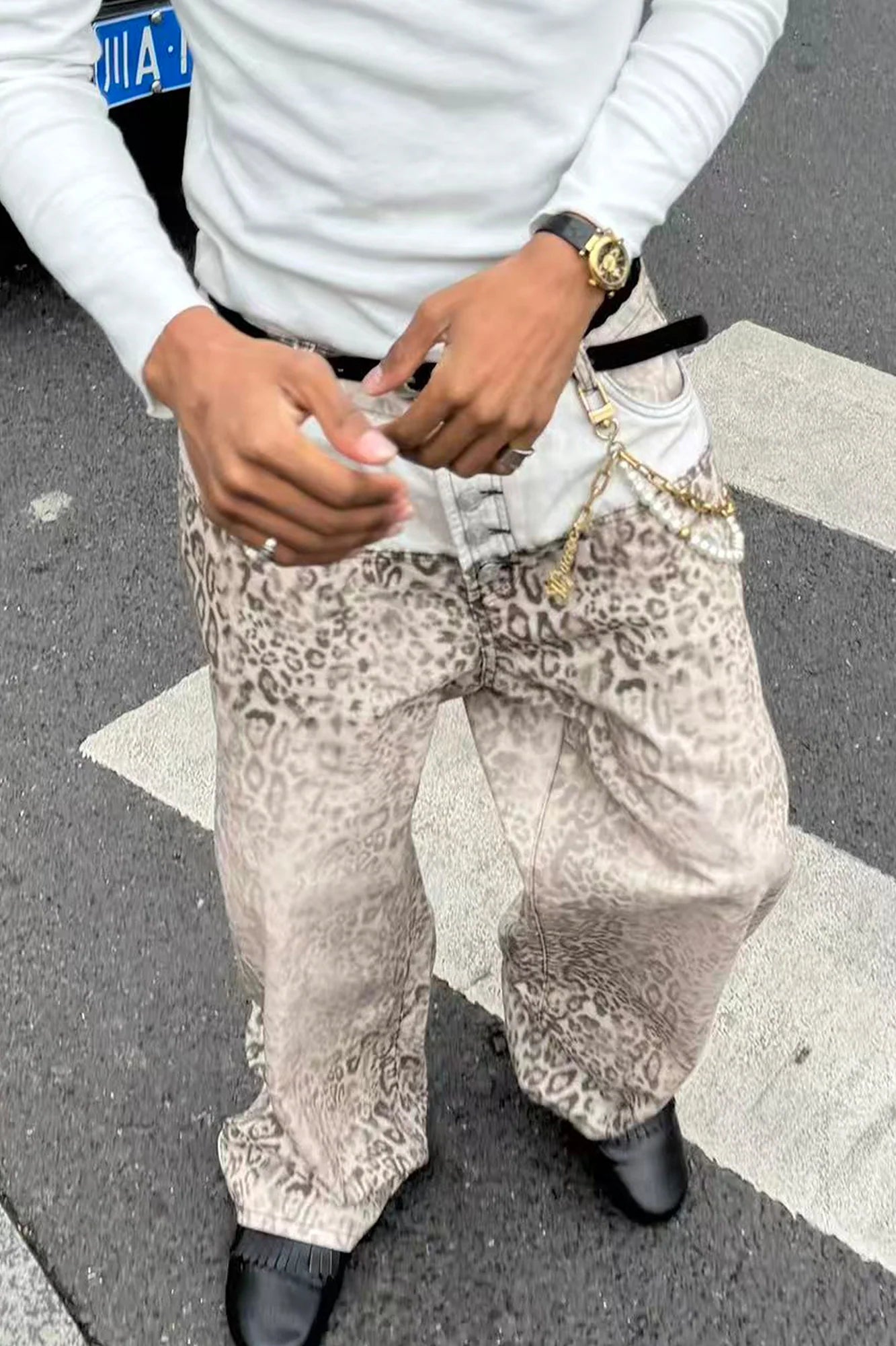 STEEPC Leopard Washed Paneled Wide-Leg Pants