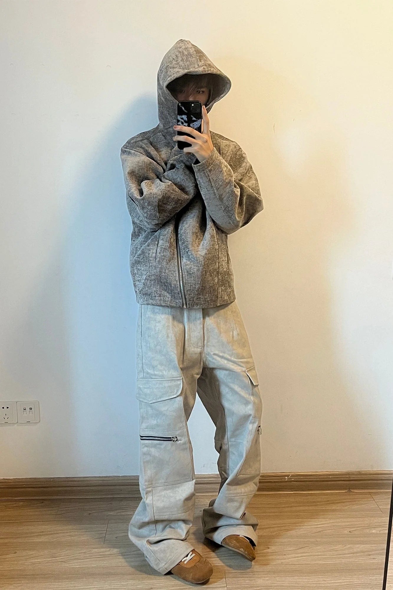 OKAYTHXBYE Muted Marble Multi-Pocket Panel Flared Cargo Pants