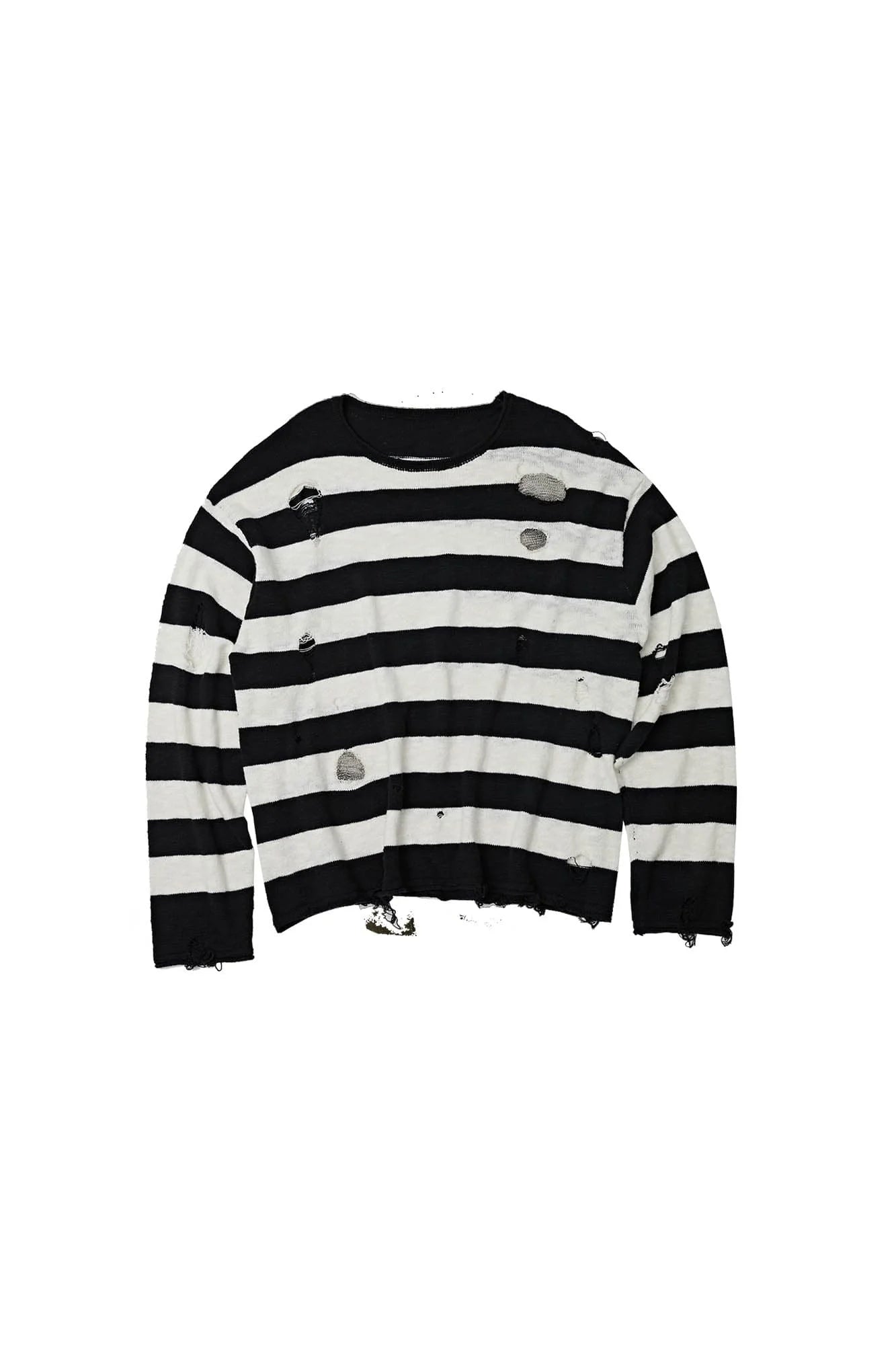 FACEONLAB Stripe Distressed Frayed Crewneck Sweater