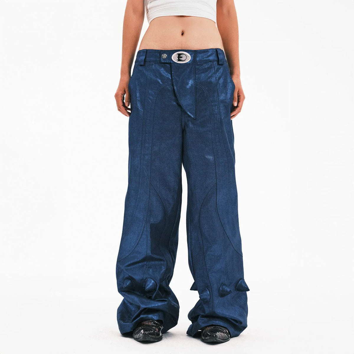 EMBRYO Metallic Devil Horned Wide-Leg Paneled Pants Blue