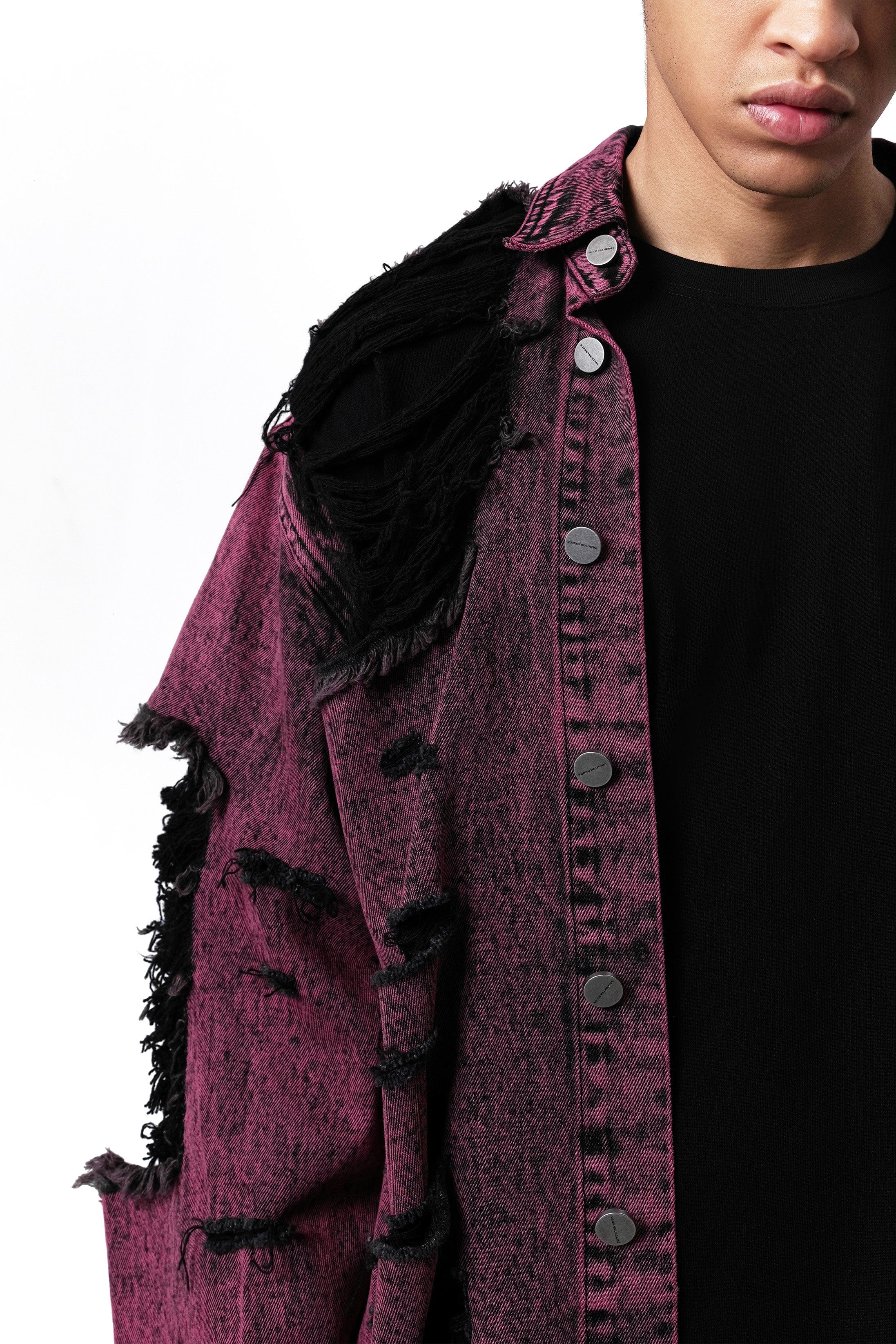 VANN VALRENCE Distressed Frayed Denim Shirt Jacket