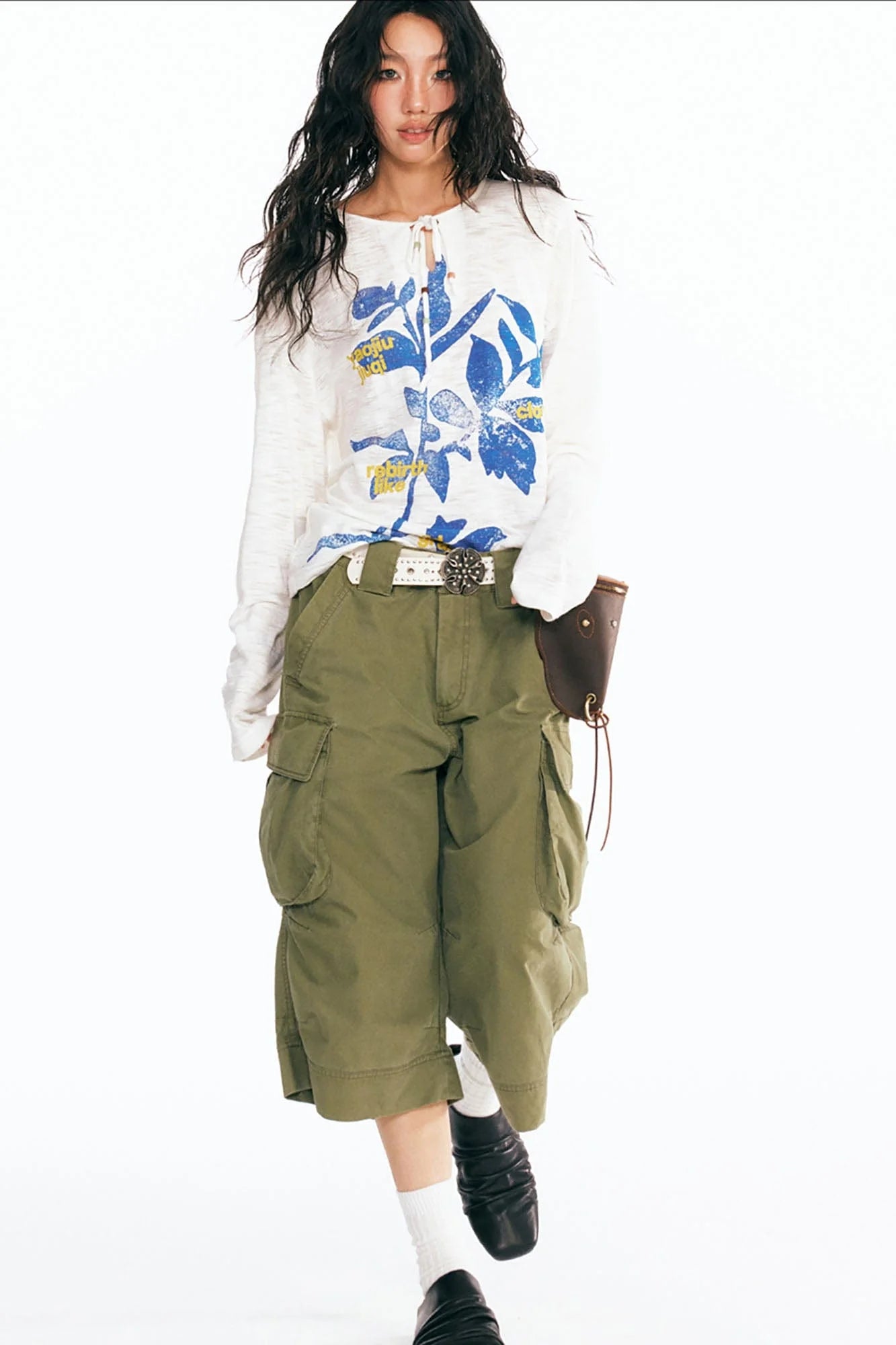 1997 POSTOFFICE Sesame Leaves Drawstring Neck Long-Sleeve Tee