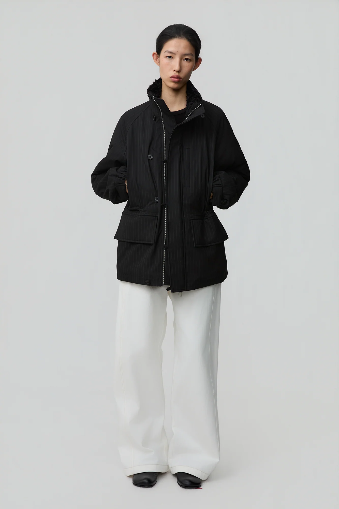 OPICLOTH Pinstriped Faux Fur-Lined Drawstring Jacket