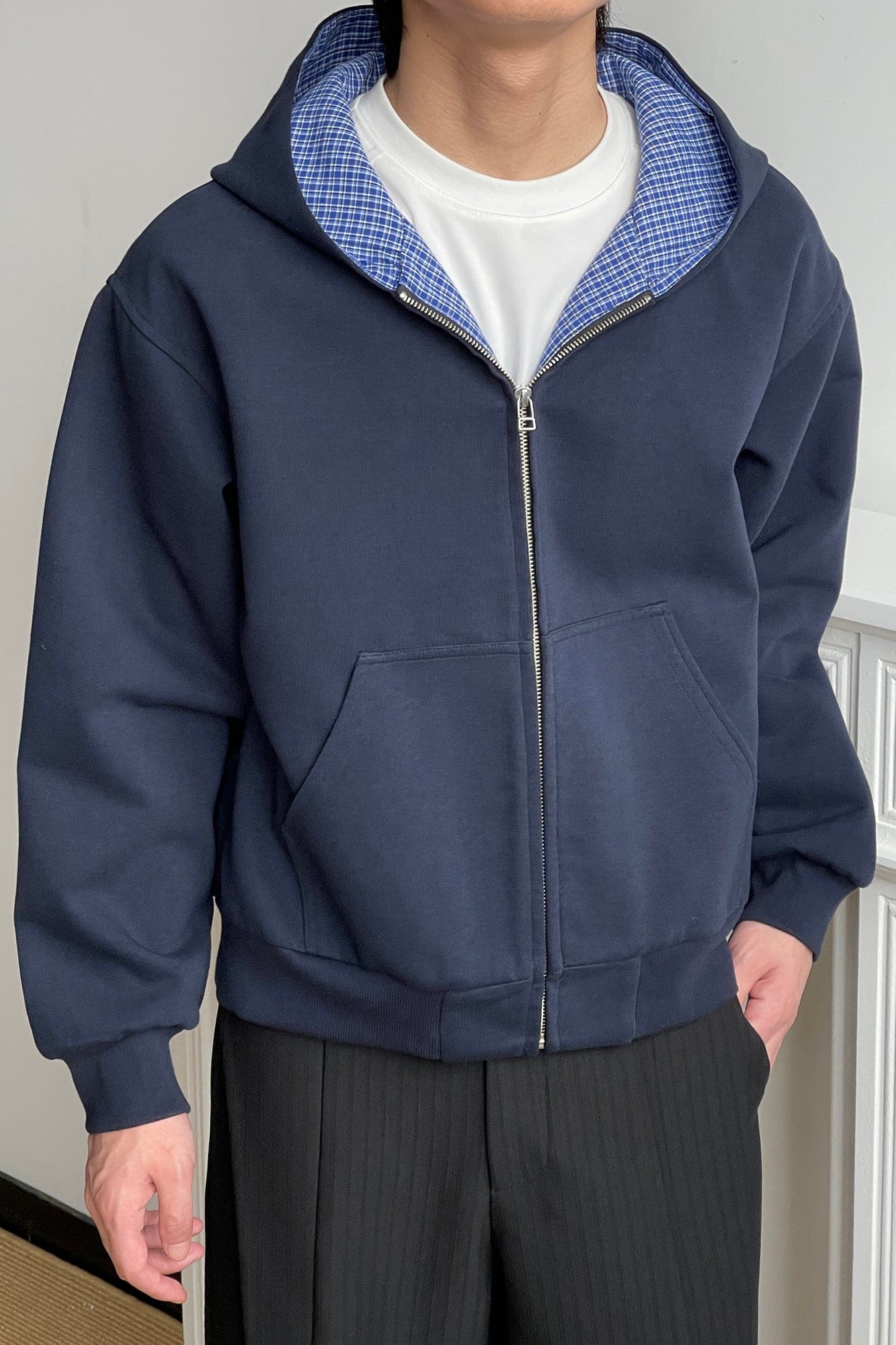 OKAYTHXBYE Houndstooth-Lined Zip-Up Hooded Jacket