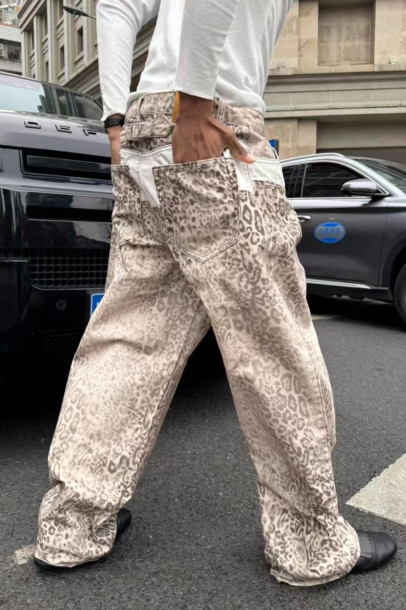 STEEPC Leopard Washed Paneled Wide-Leg Pants