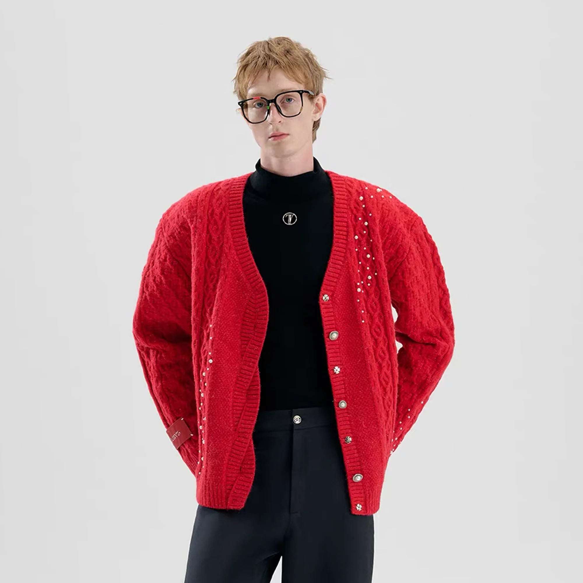 TIWILLTANG Pearl-Embellished Cable Knit Cardigan