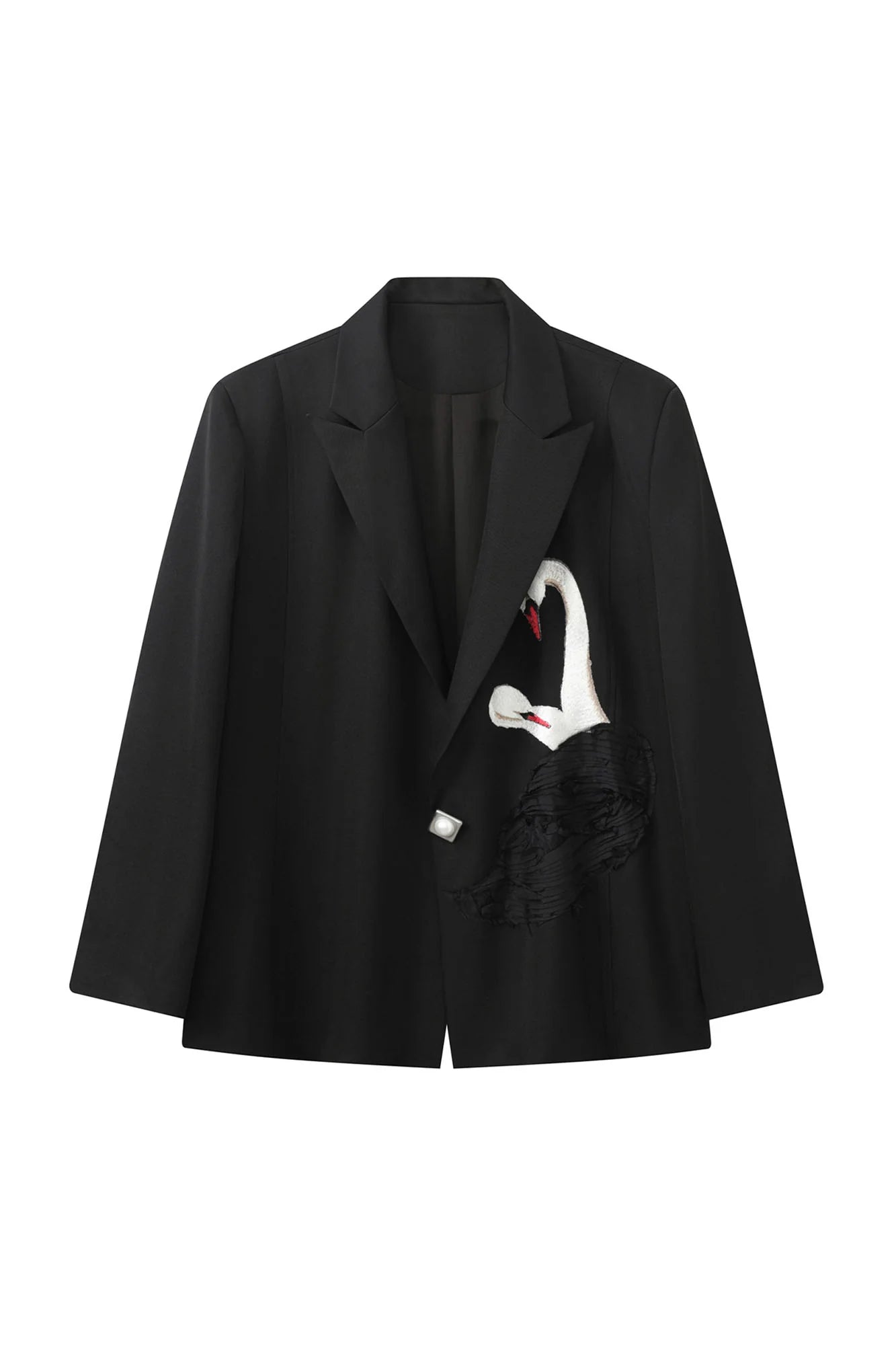 JIECHI Swan Embroidered Pearl Button Blazer