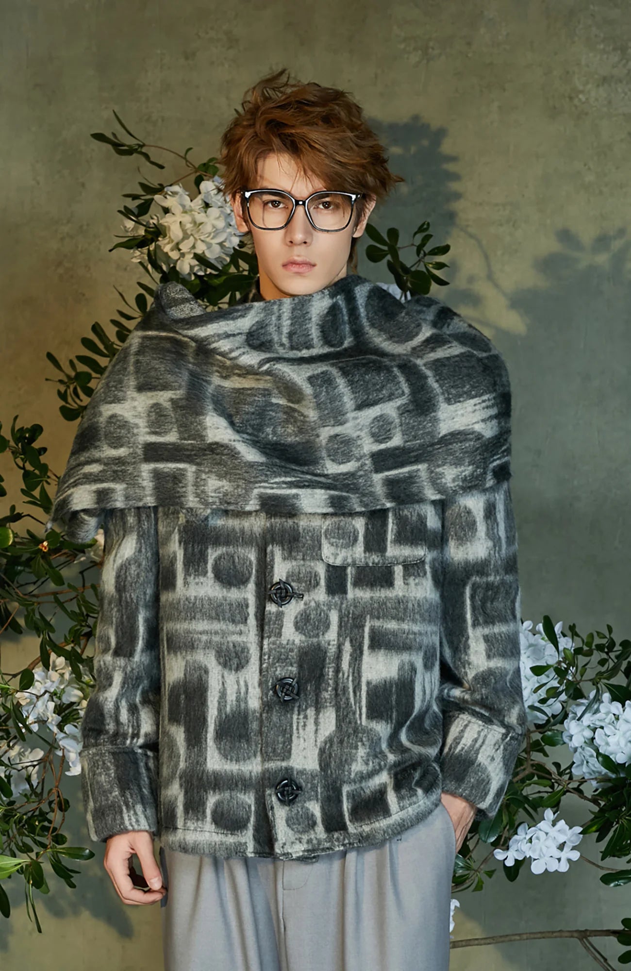 JIECHI Detachable Drape Geometry Full-Print Wool-Blend Jacket