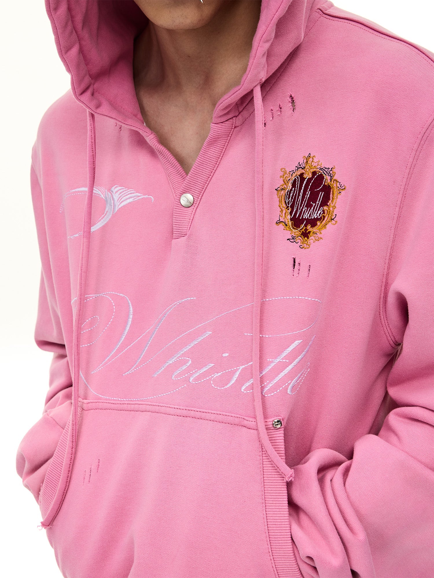 WHISTLEHUNTER Distressed Embroidered V-Neck Hoodie