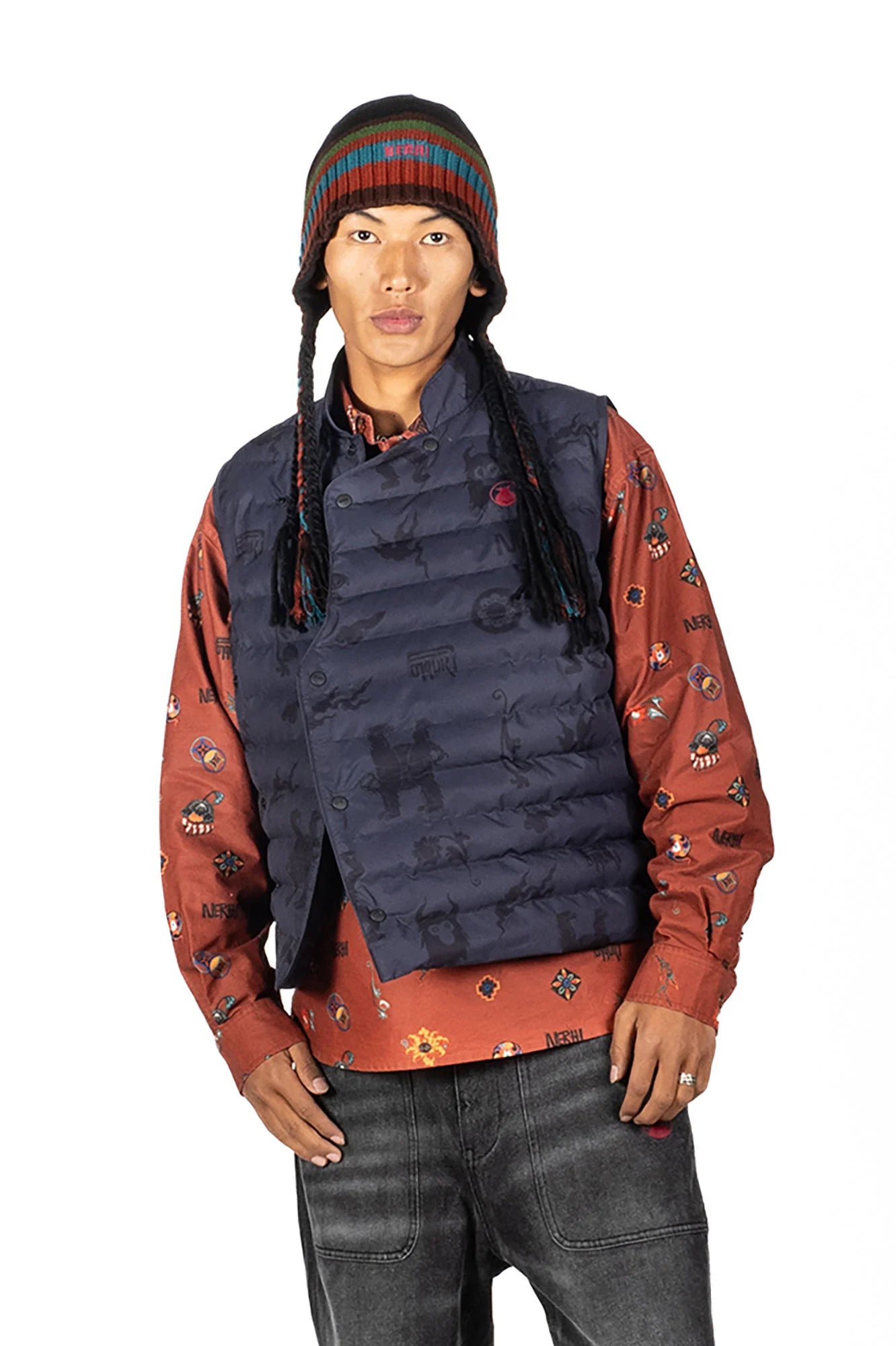 NERHI Asym Button Full-Print Puffer Vest