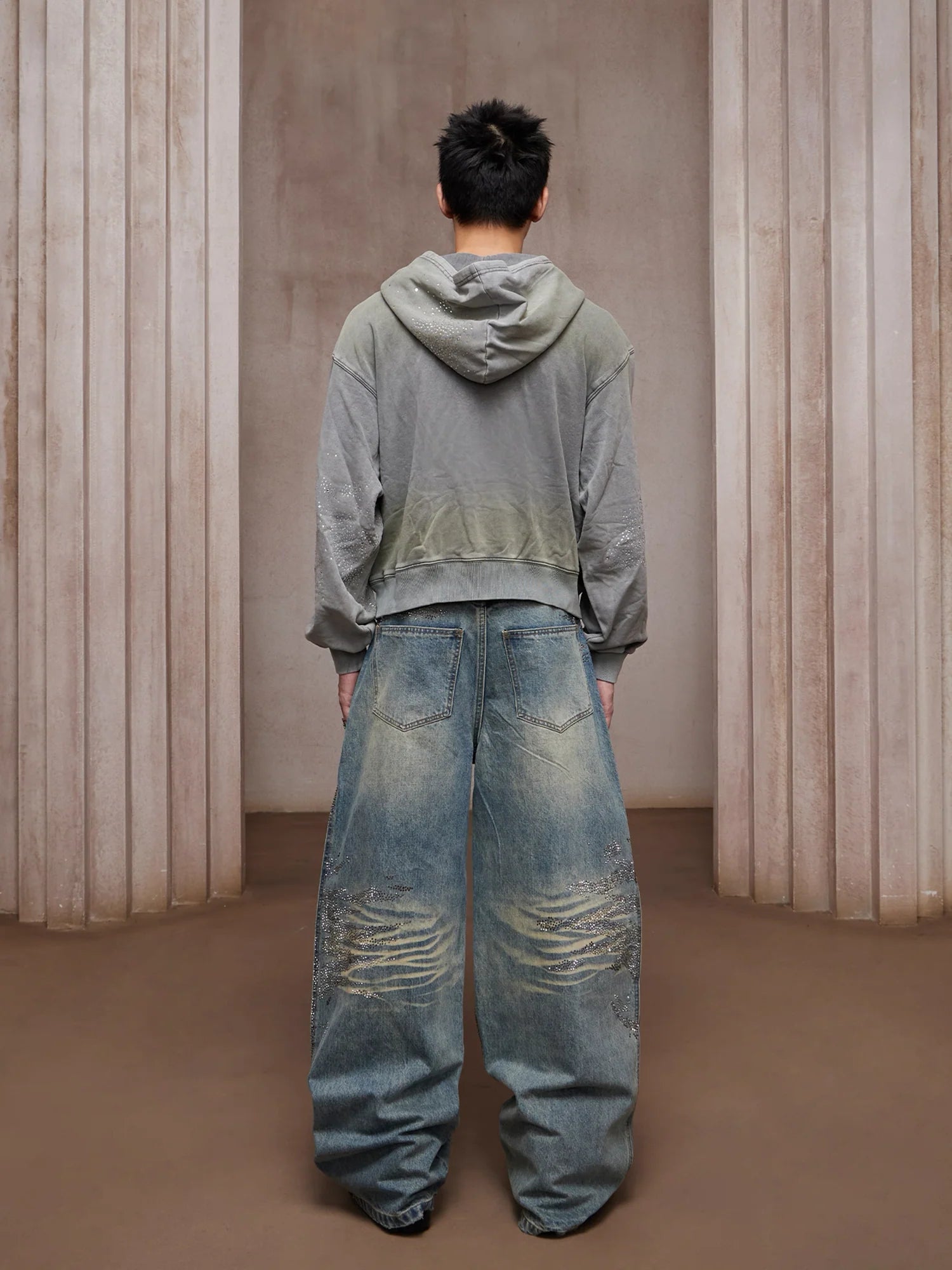 DND4DES Dirty-Washed Diamond Wide-Leg Jeans Blue