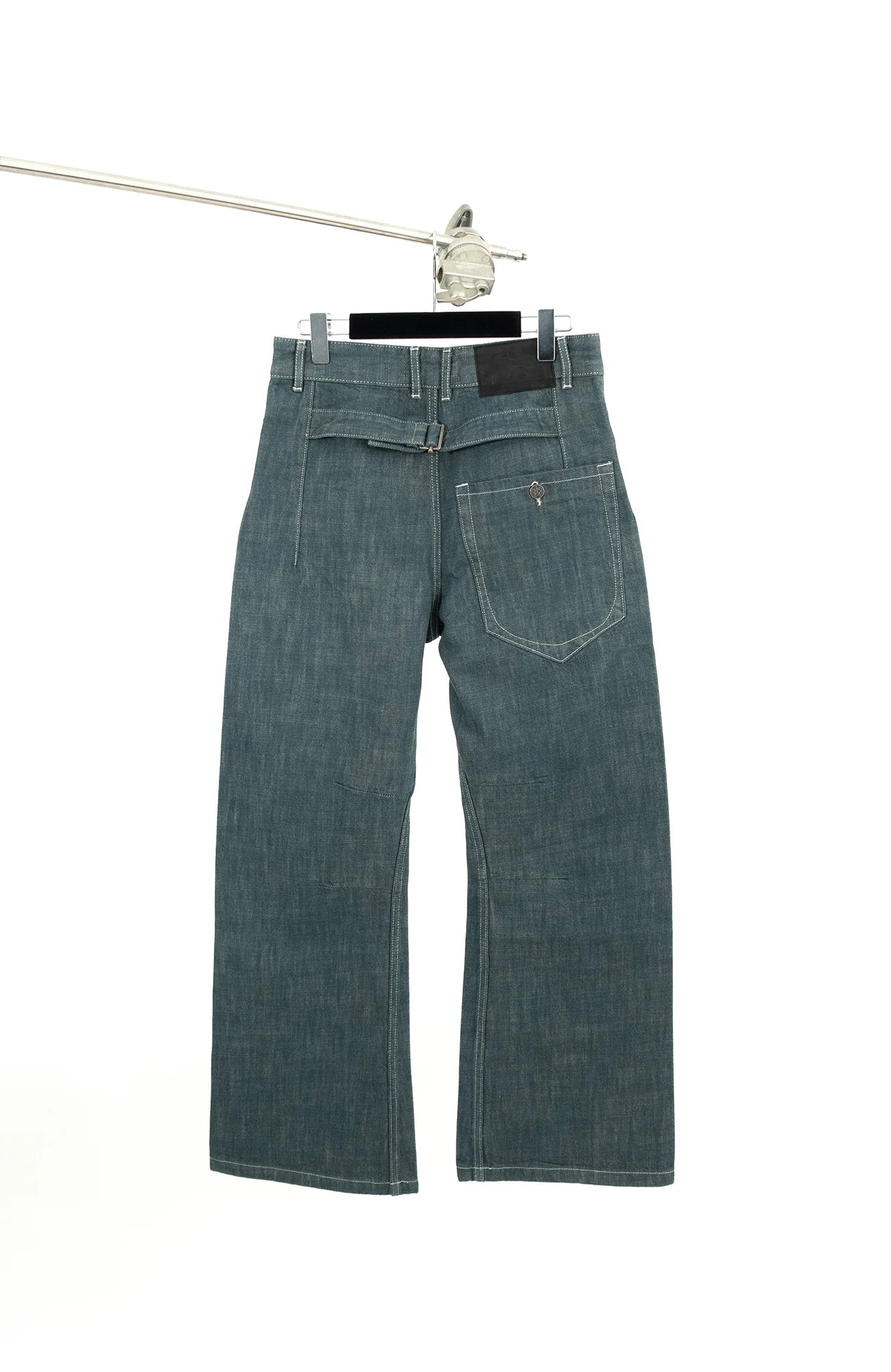 IN EXISTENCE Stitched Back-Belt Curved-Leg Jeans