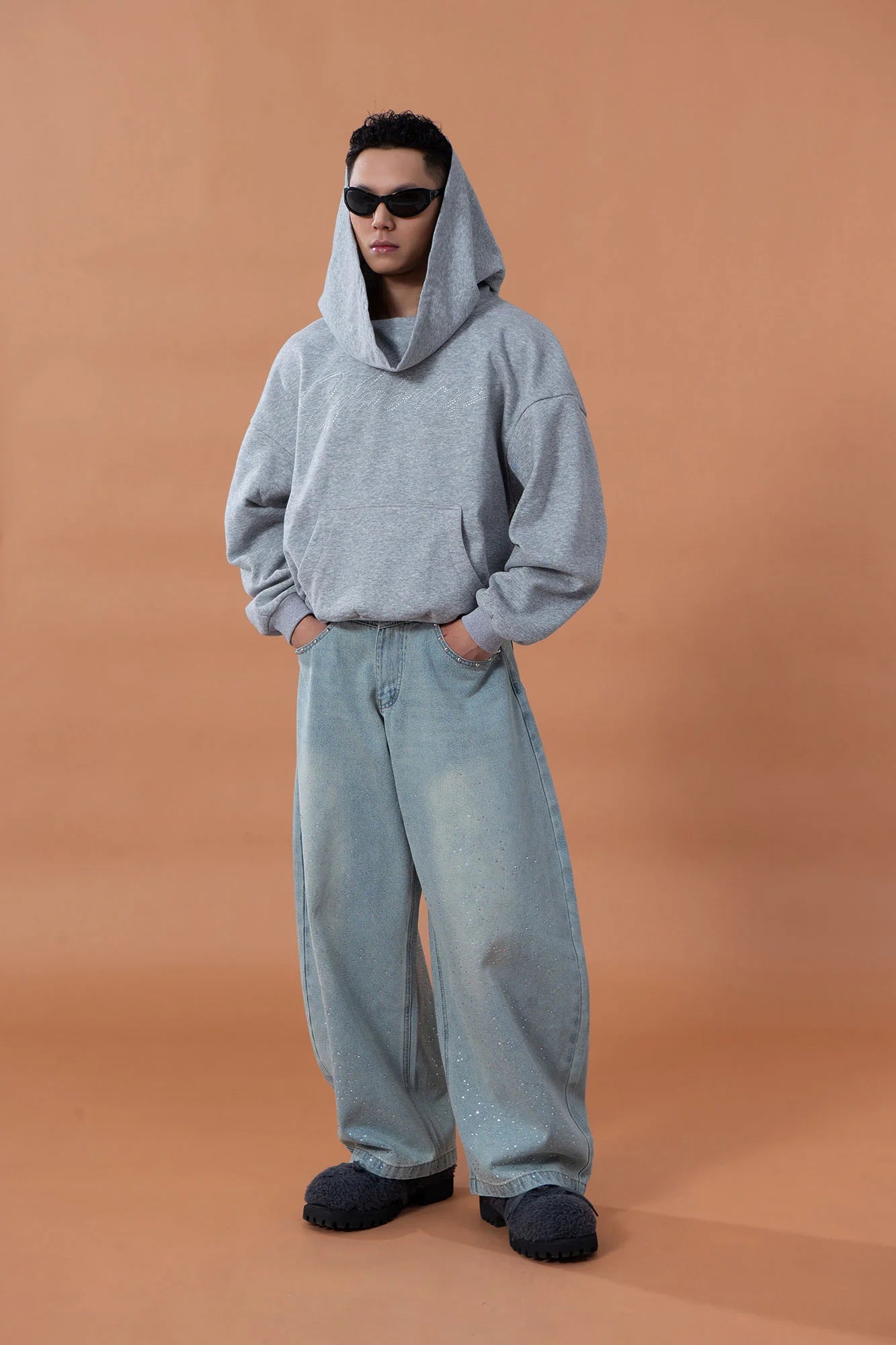 CLP Oversized Cowl-Hood Pearl-Stud Hoodie