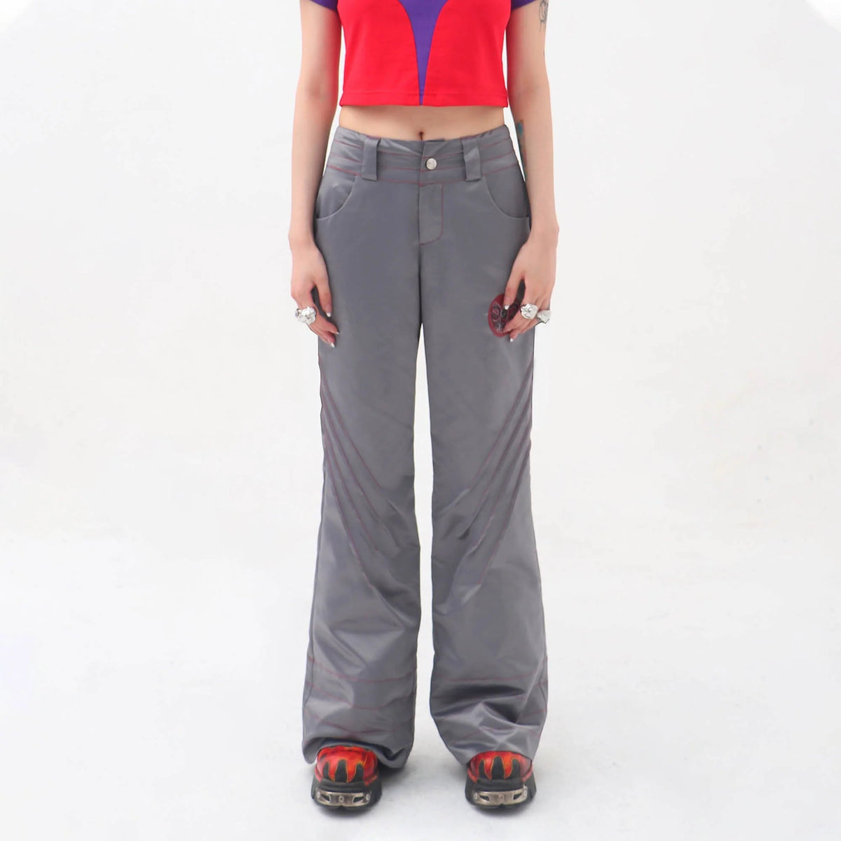 EMBRYO Metallic Pleated Low-Rise Pants