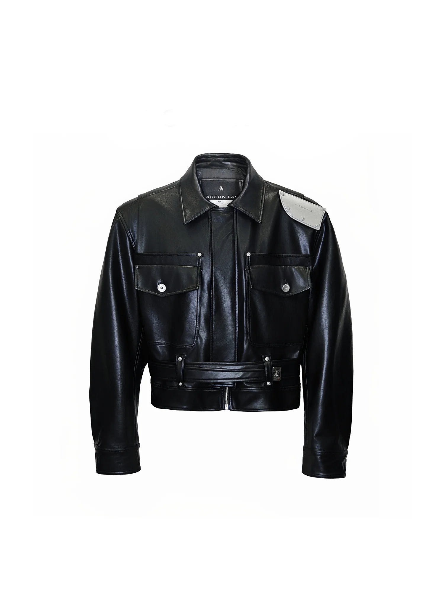FACEONLAB Metal Epaulettes Belted Faux Leather Jacket Black