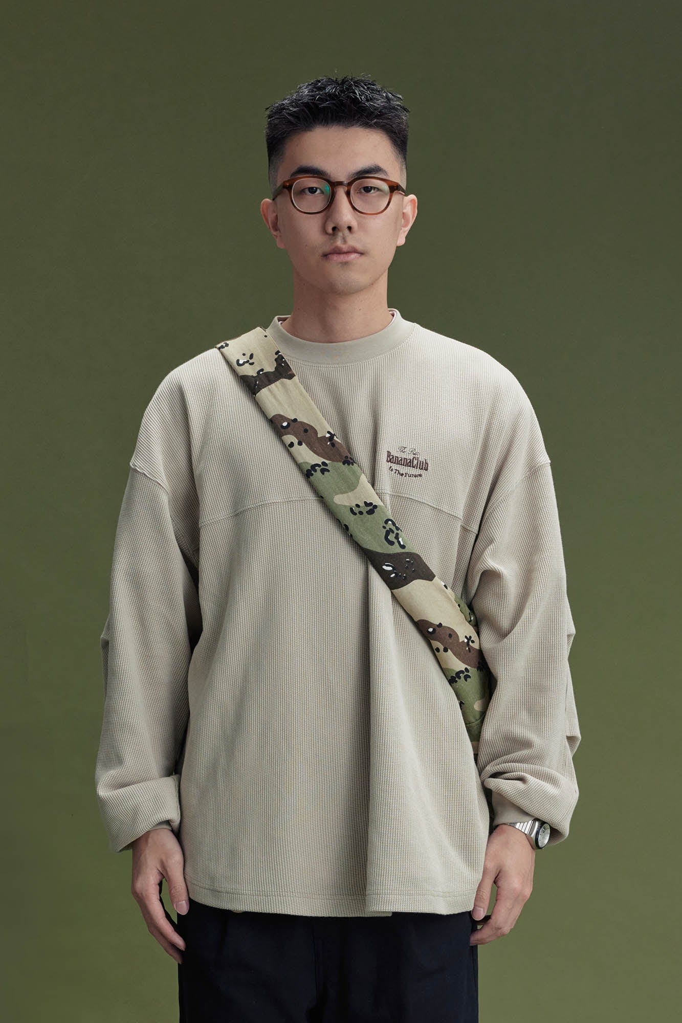 BANANA CLUB Waffle Knit Spliced Long-Sleeve Tee