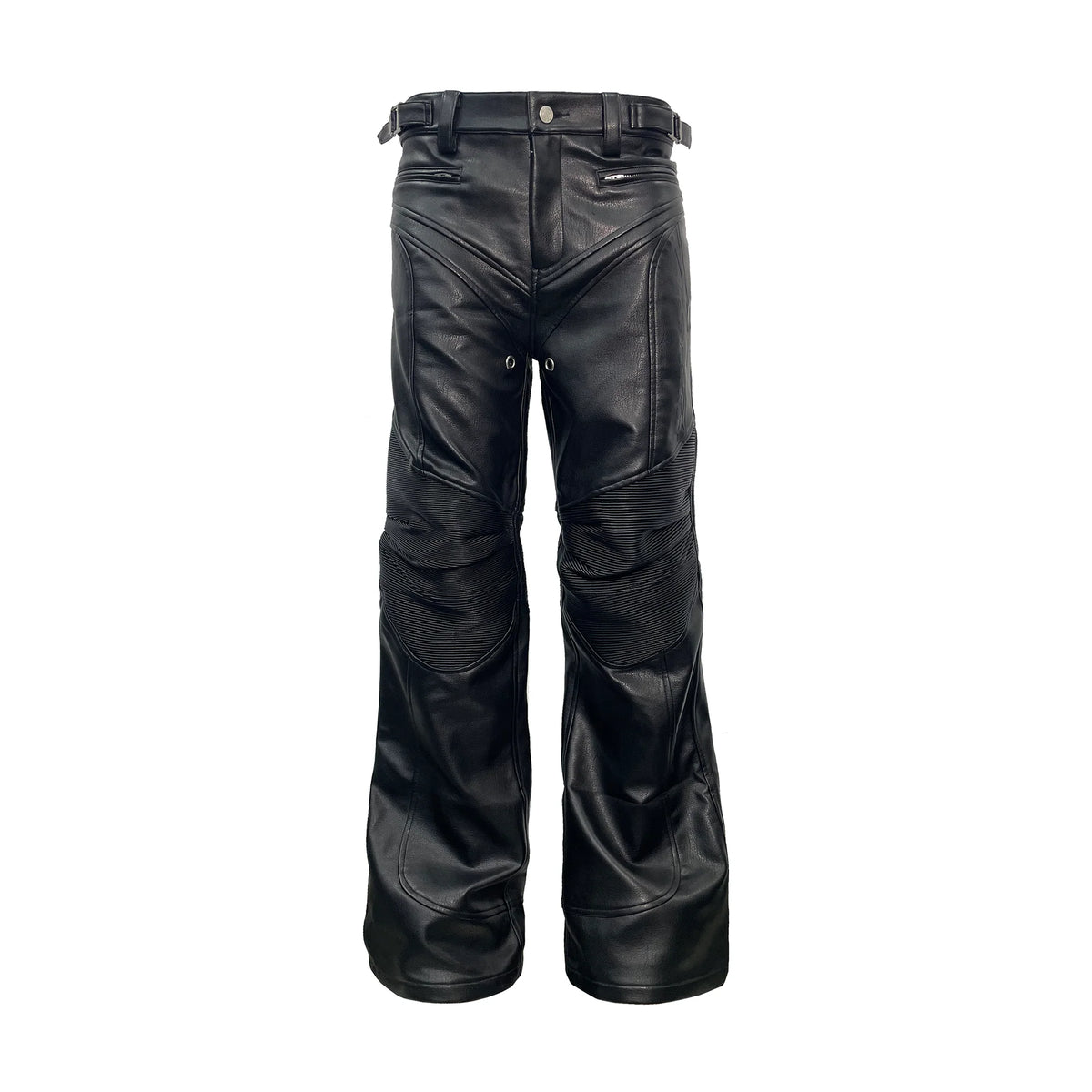 PCCVISION Pleated Knee Flare Faux Leather Pants