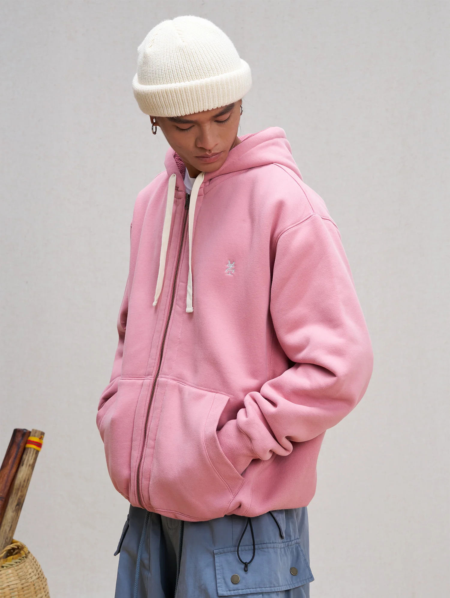 UNLIMITED MOTE Embroidered Waffle Lining Drawstring Hood Jacket