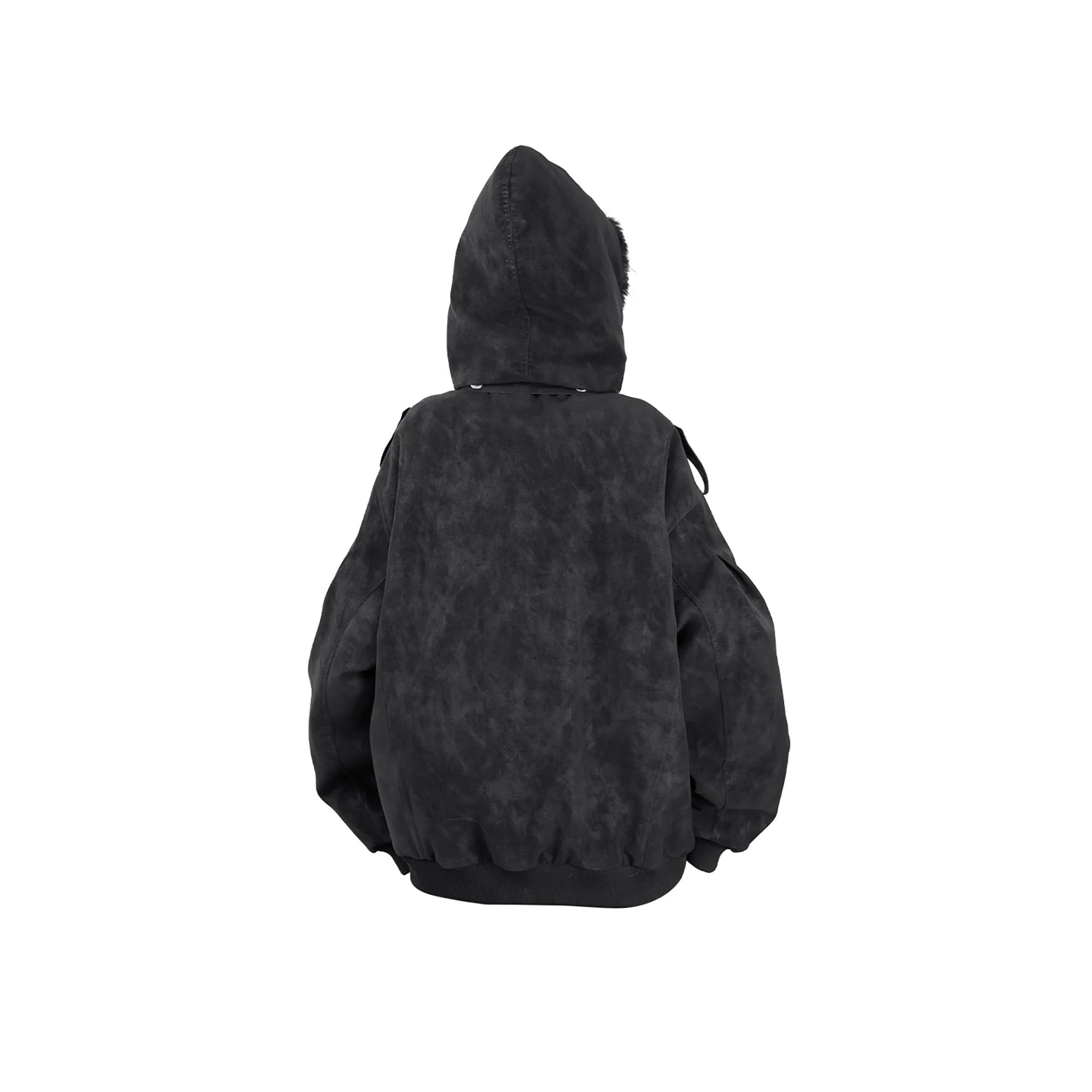 RELABEL Detachable Plush Scarf Hooded Suede Jacket Black