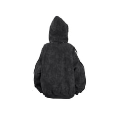 RELABEL Detachable Plush Scarf Hooded Suede Jacket Black