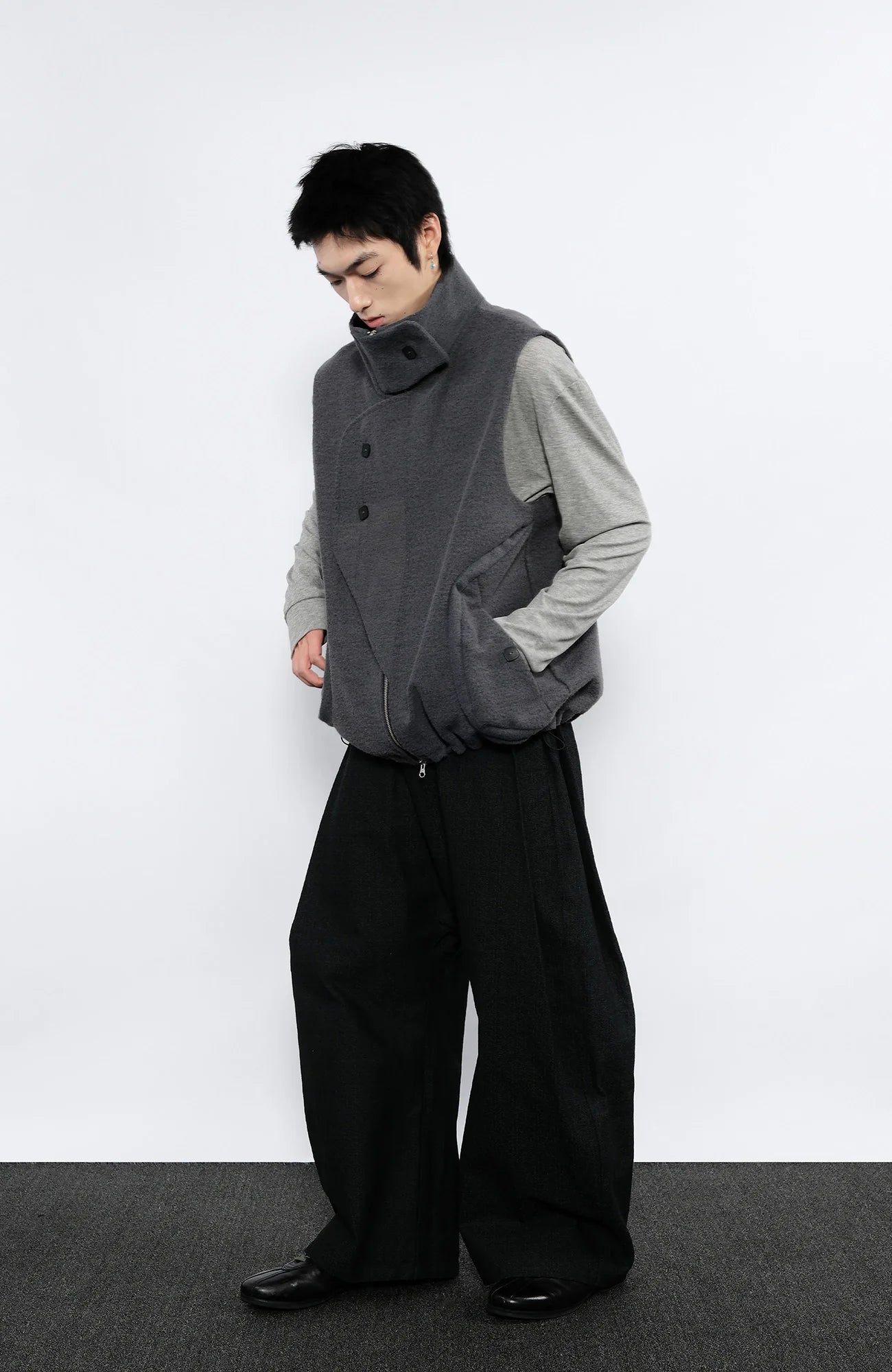 7440 37 1 Asym Placket Drawstring Hem Padded Vest