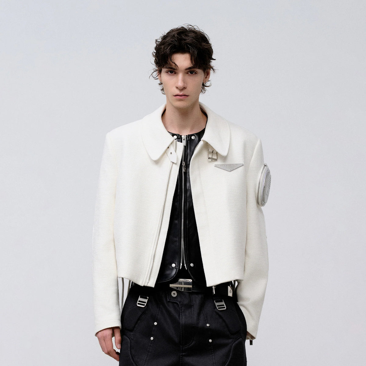 FACEONLAB Arm-Patched Cropped Naval Jacket White