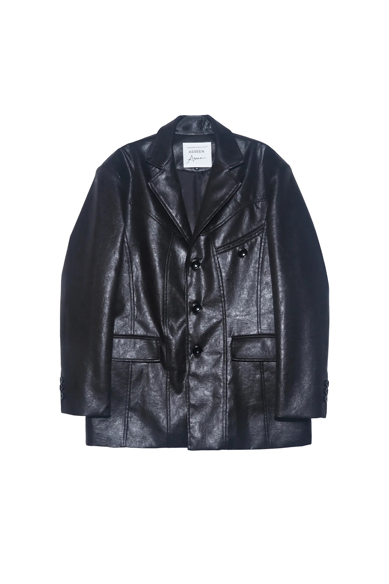 ASSEEN Oversized Faux Leather Curved Stitch Blazer