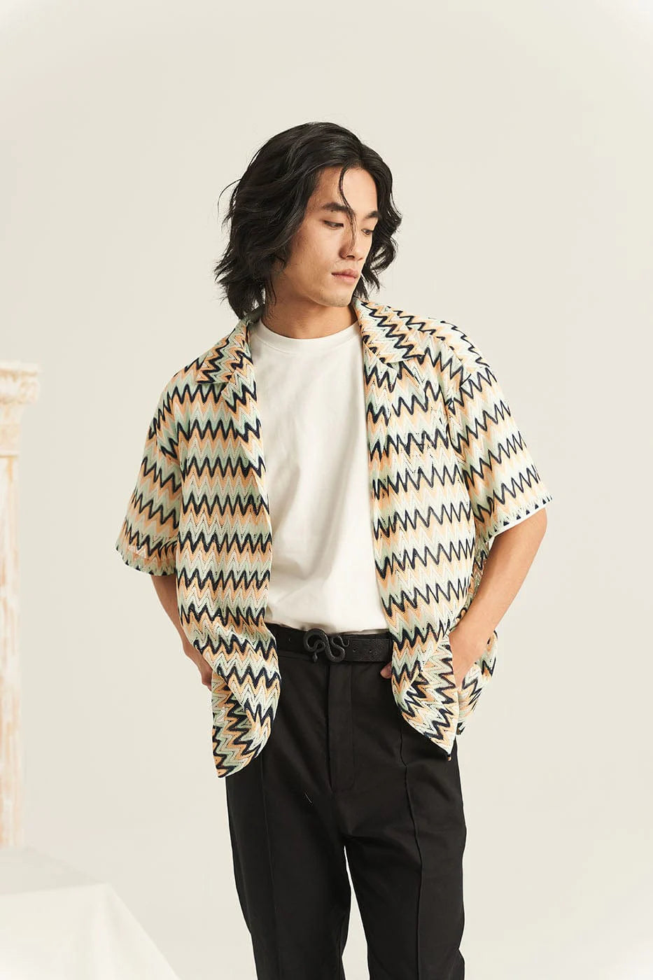 EPIC POETRY Geometric Ripple Knitted Half Shirt (Only Size M Left)
