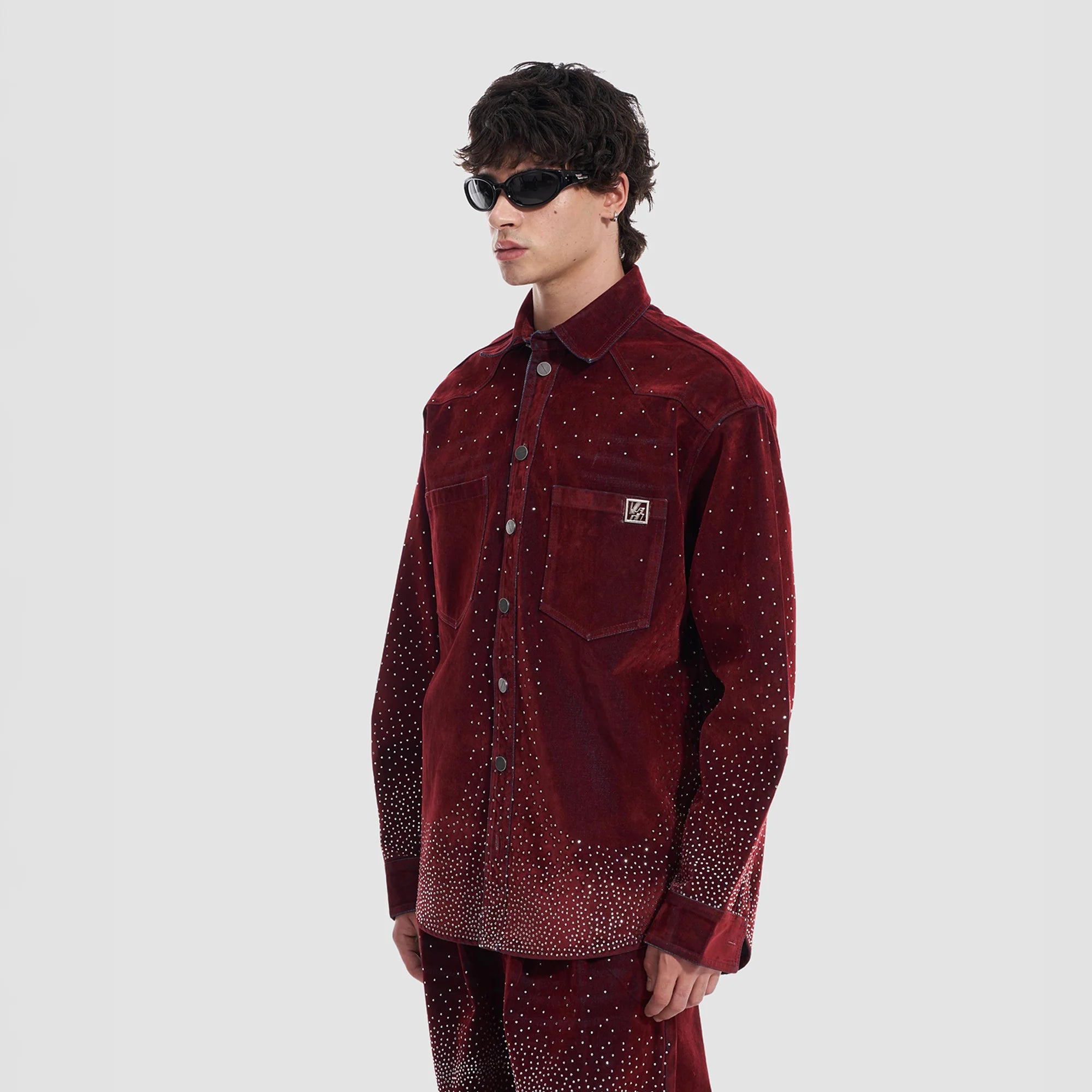 VANN VALRENCE Diamond-Studded Velvet Shirt Jacket