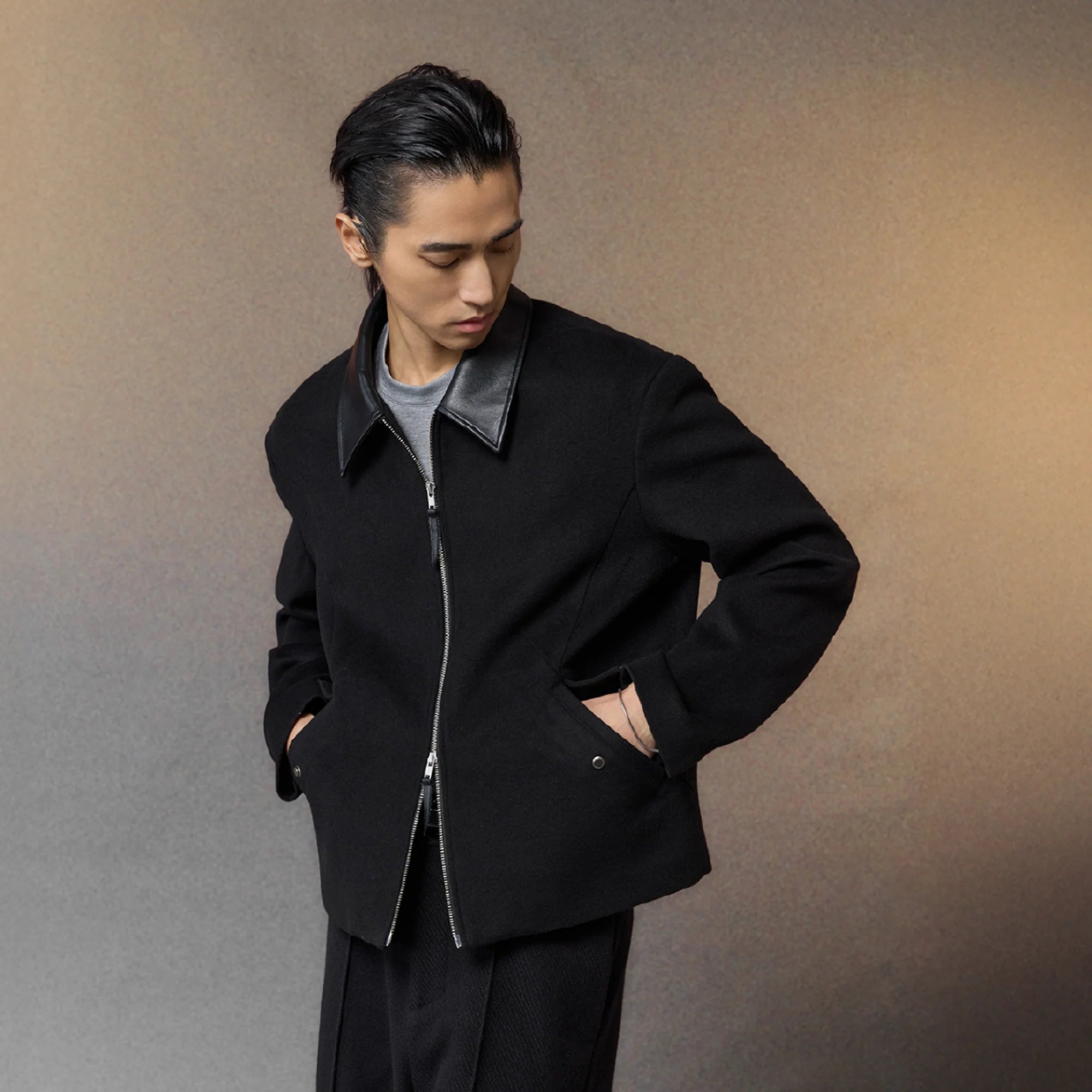 ALVNG AR ANTS PU Collar Wool-Blend Jacket