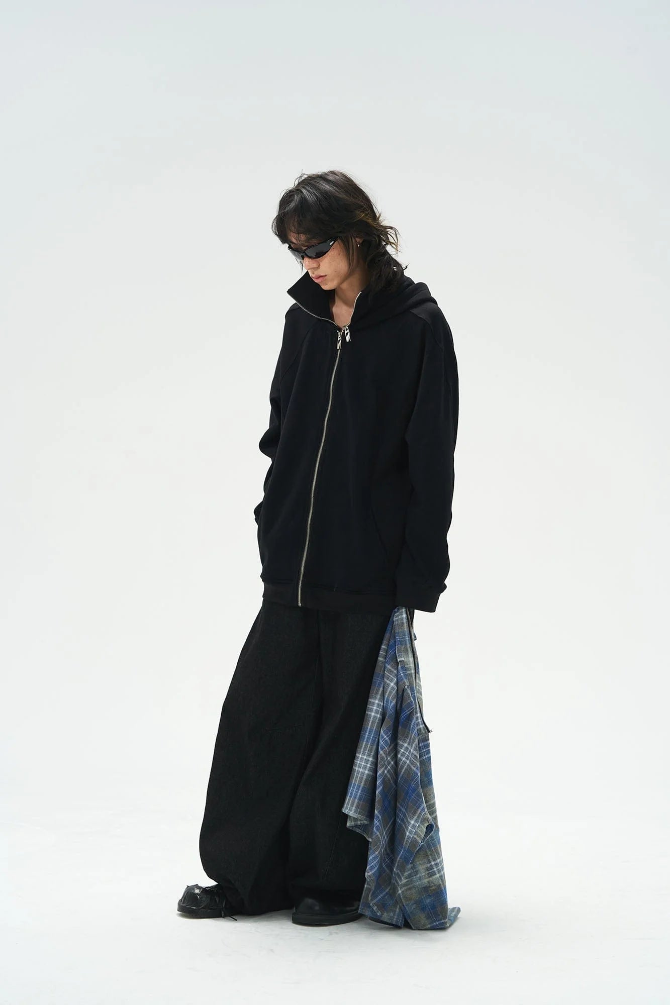 RELABEL Detachable Plaid Flap Panel Wide-Leg Pants