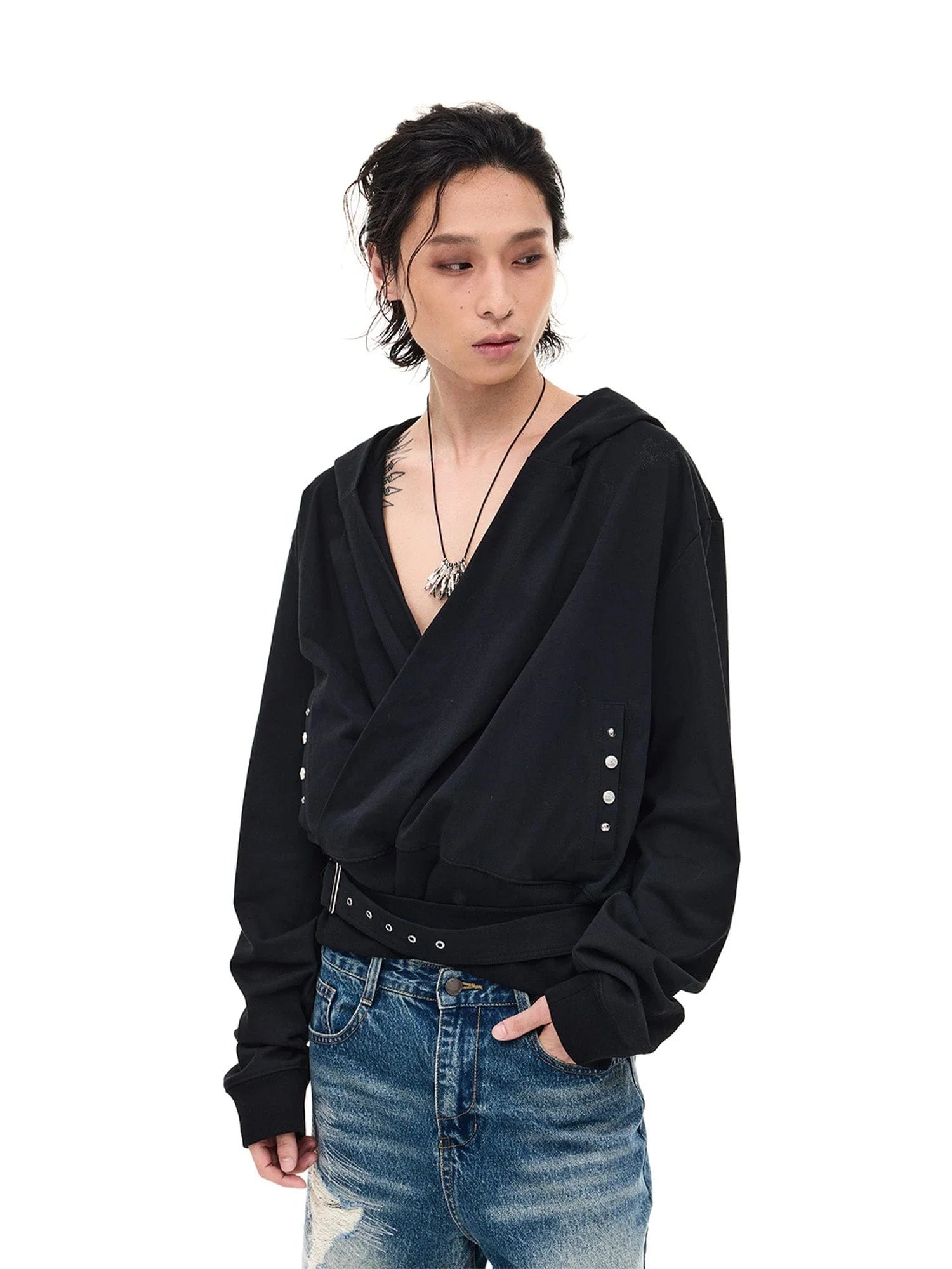 WHISTLEHUNTER Detachable-Belt Deep V-Cut Hardware Hoodie