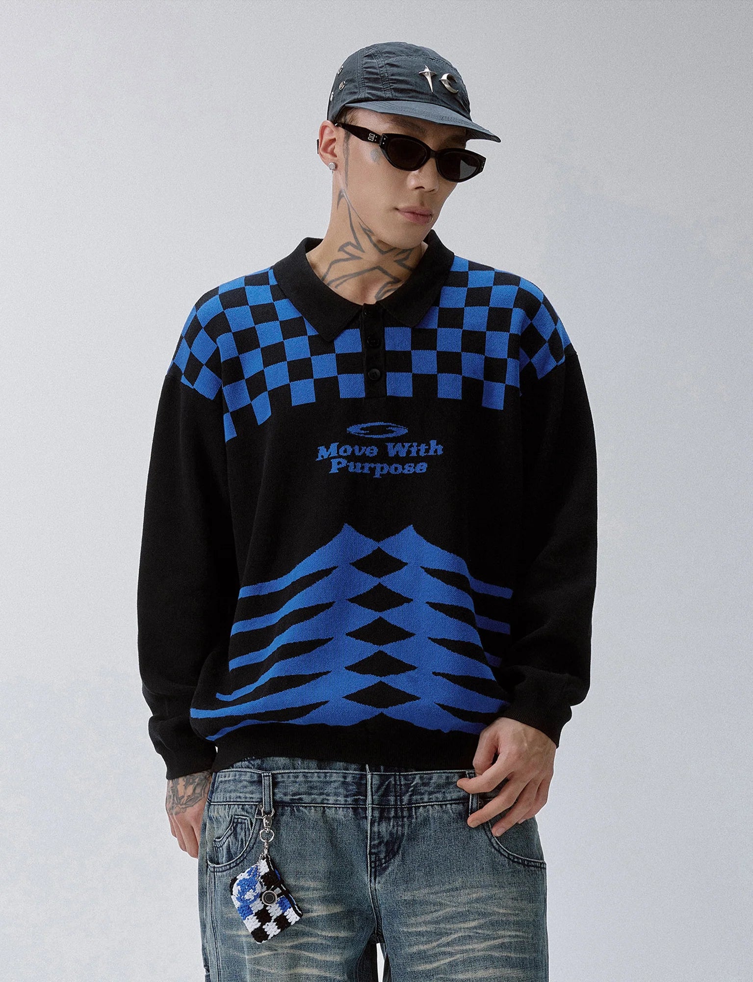 F2CE Slogan Contrast Checkerboard Jacquard Knit Polo